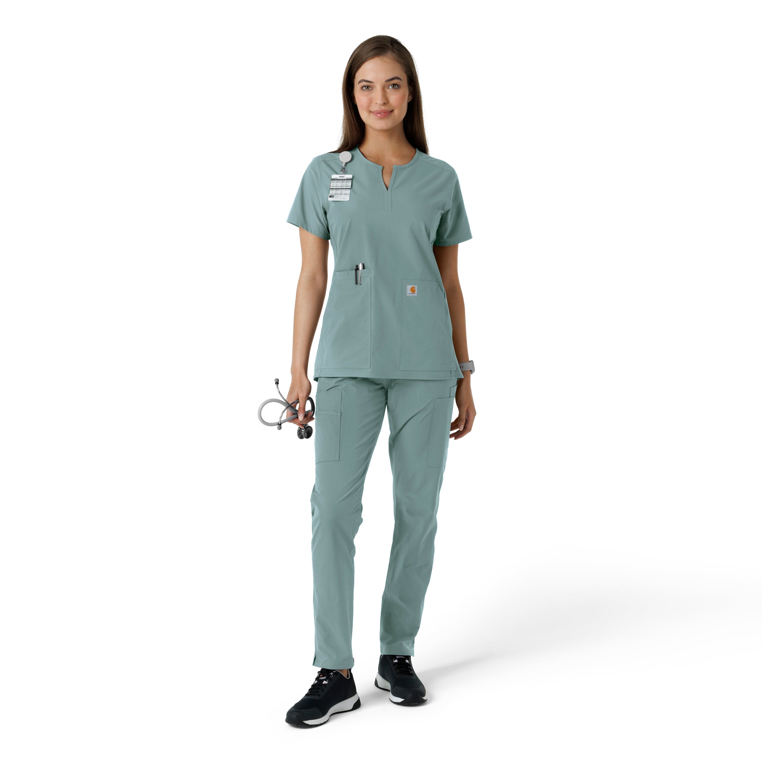 Force Essentials C12413 Notch Neck Tunic Knit Panel Scrub Top Summer Blue
