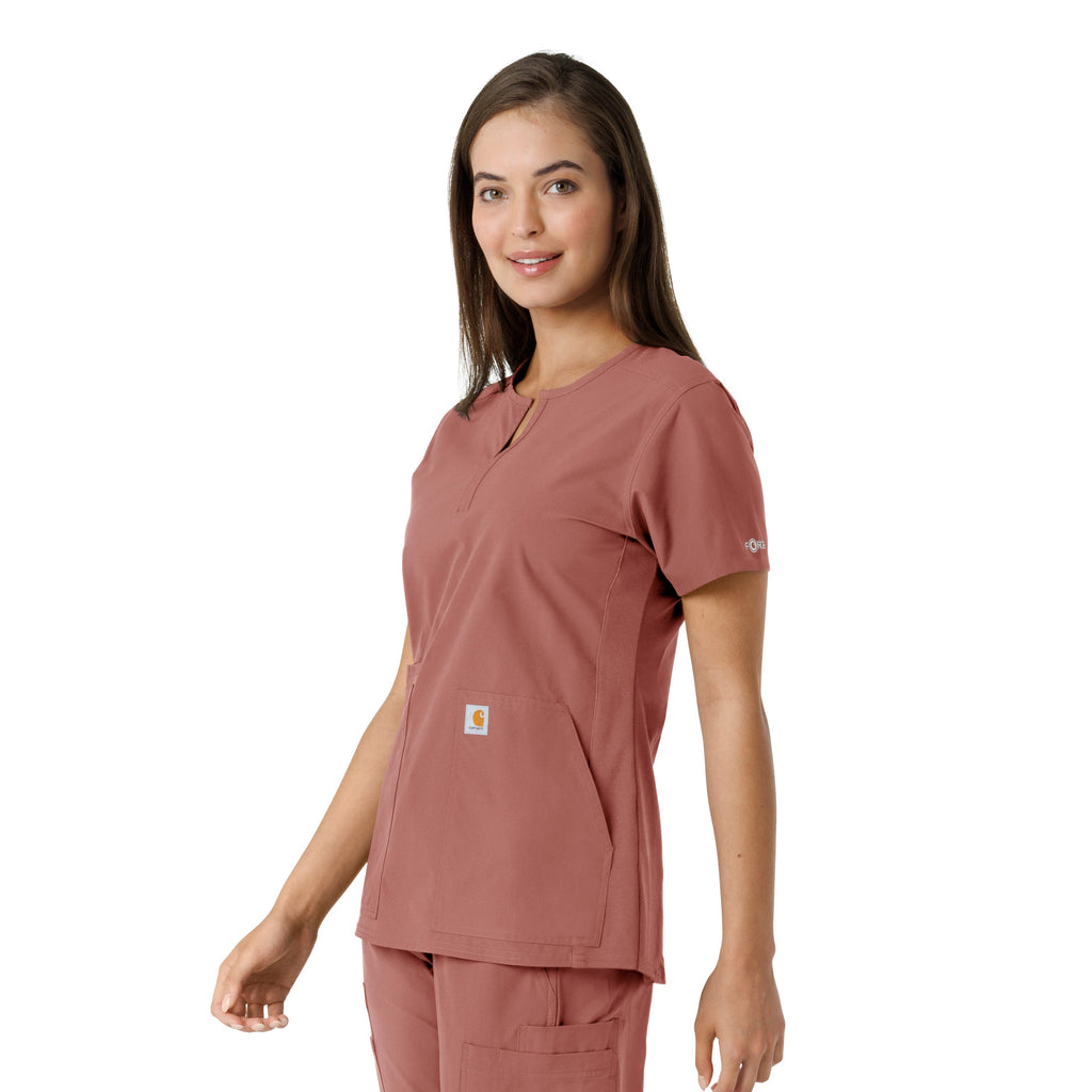 Force Essentials C12413 Notch Neck Tunic Knit Panel Scrub Top Wildrose