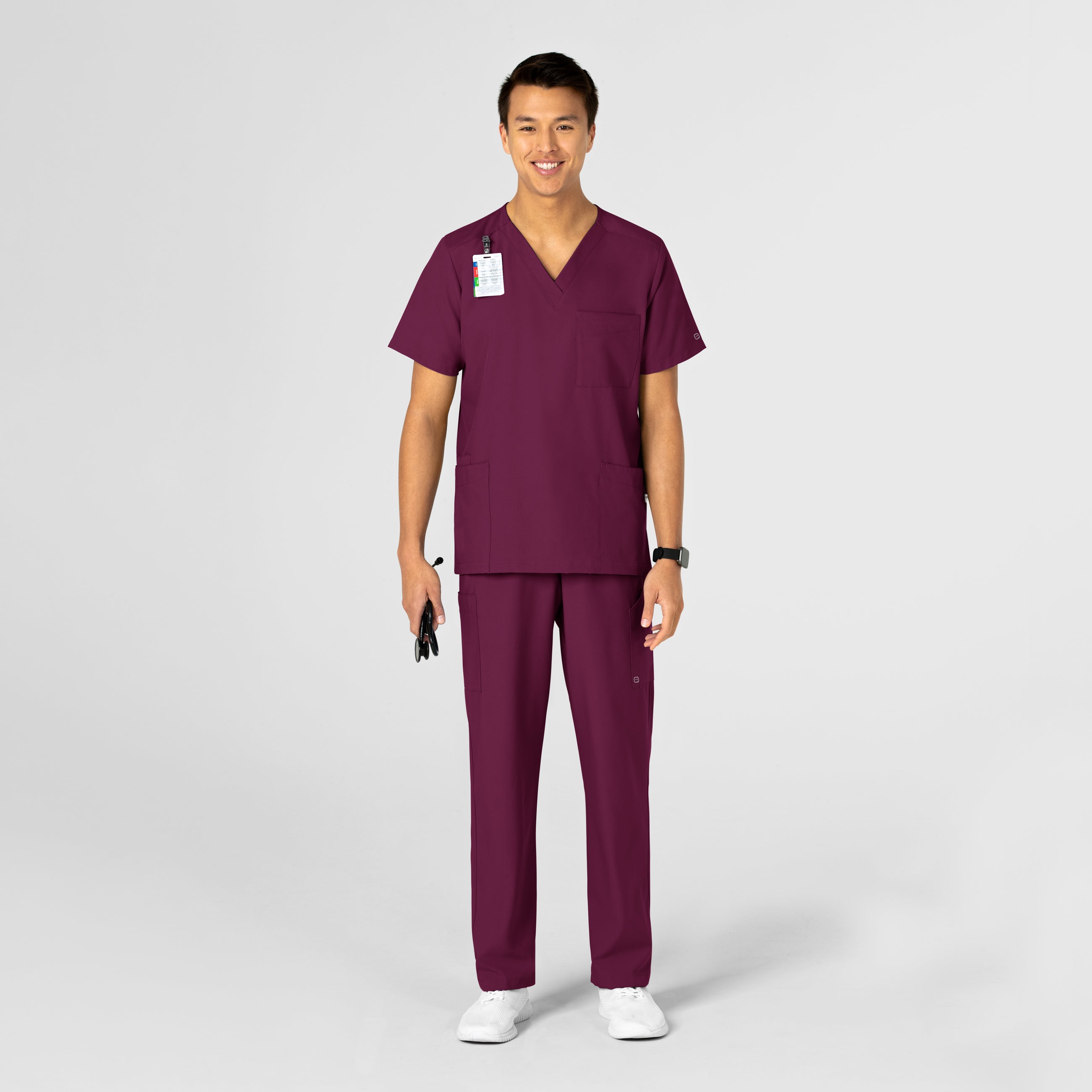 W123 6855 Unisex 4 Pocket Utility Scrub Top Wine