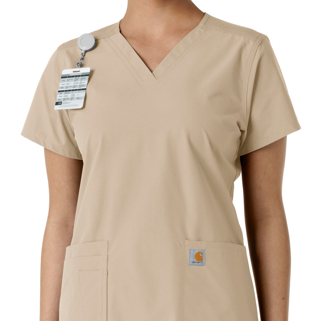 Force Essentials C12313 V-Neck Knit Panel Scrub Top Khaki