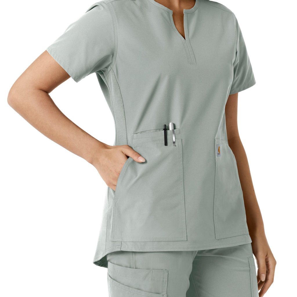 Force Essentials C12413 Notch Neck Tunic Knit Panel Scrub Top Grey