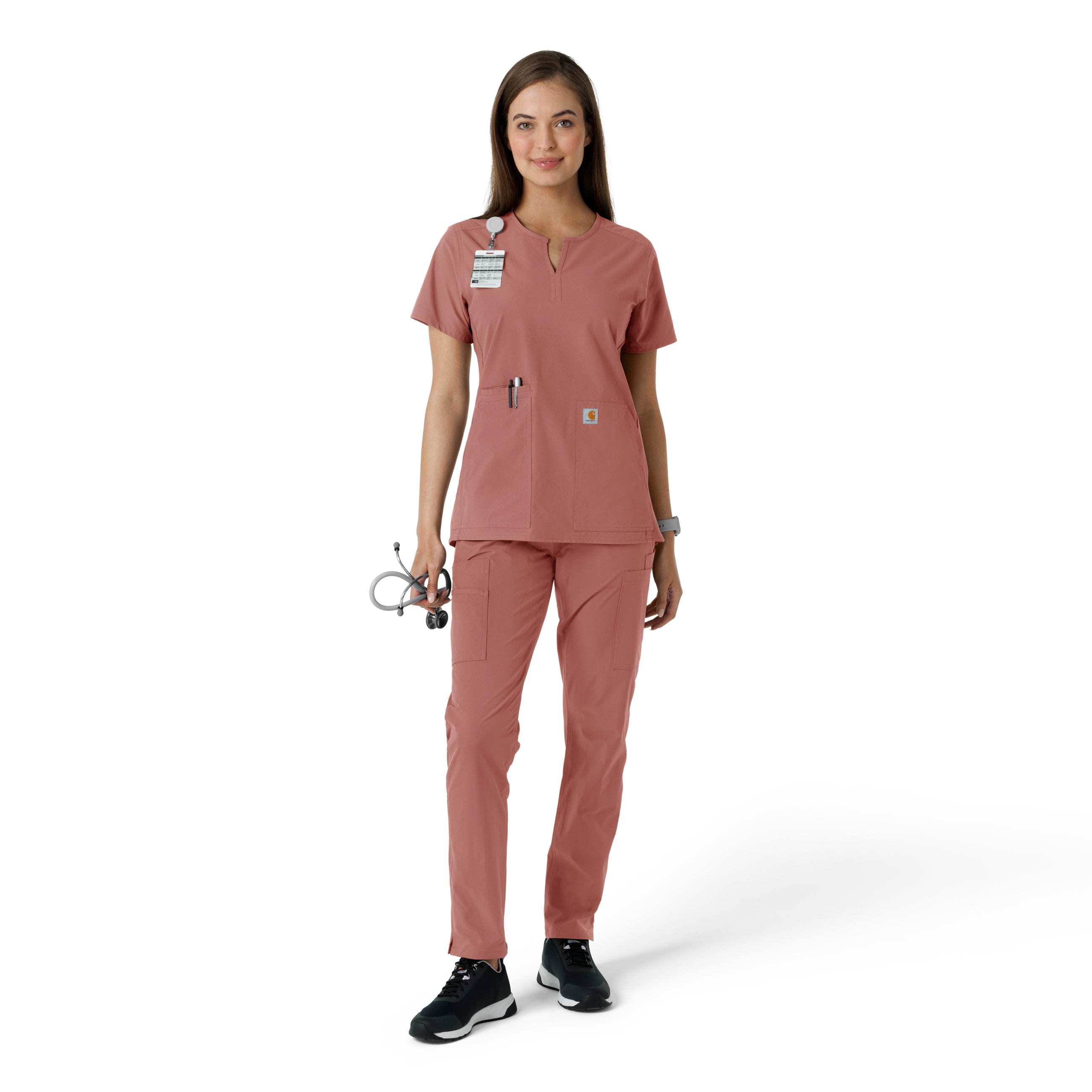 Force Essentials C12413 Notch Neck Tunic Knit Panel Scrub Top Wildrose