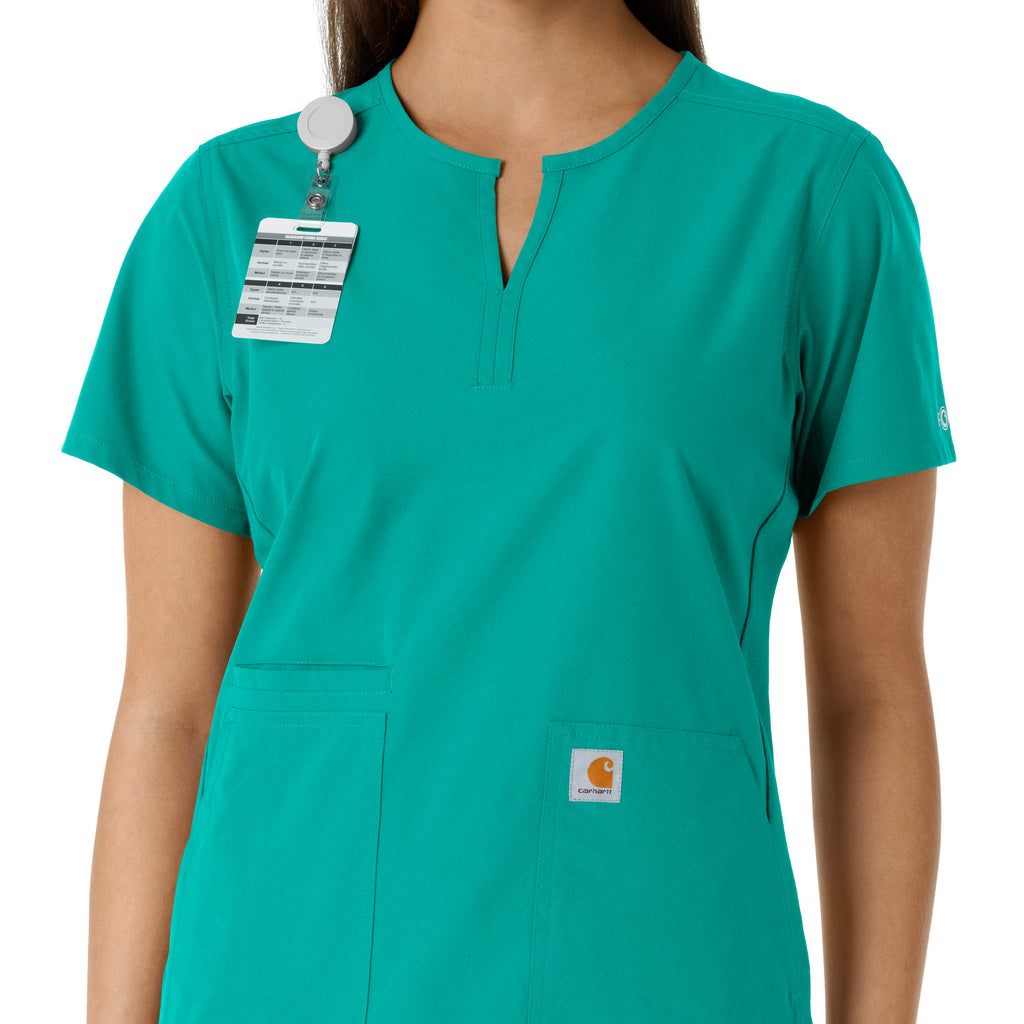 Force Essentials C12413 Notch Neck Tunic Knit Panel Scrub Top Teal