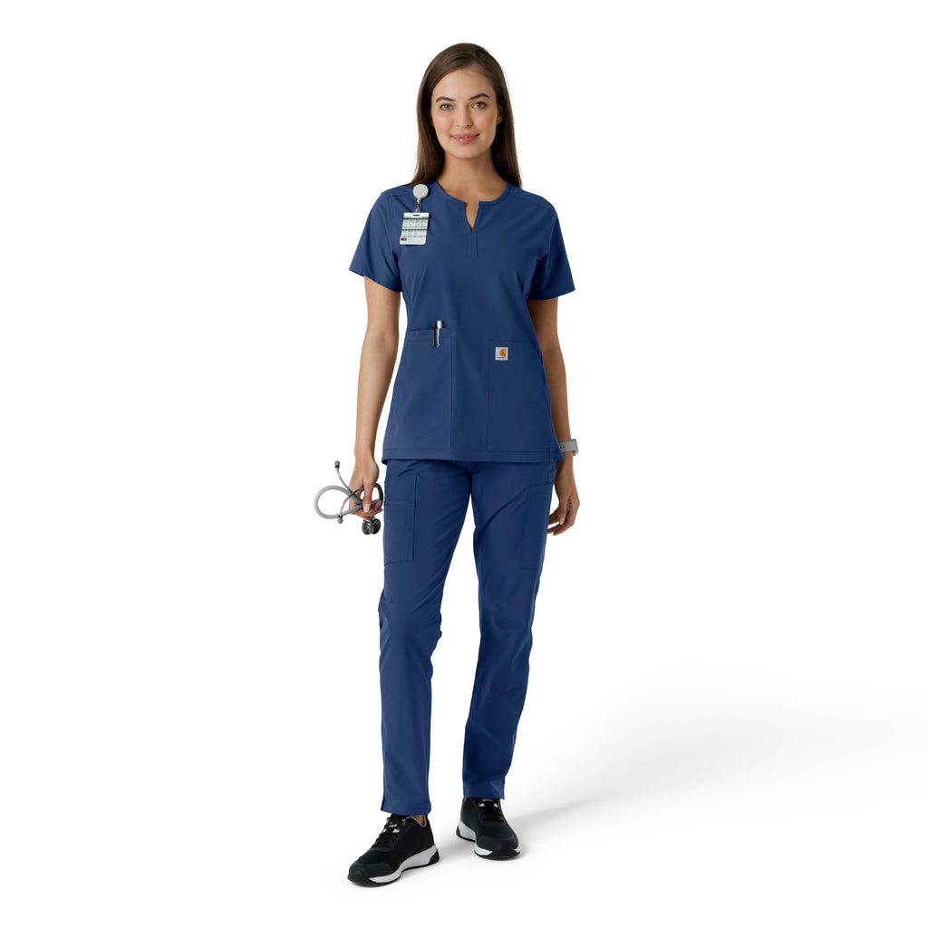Force Essentials C12413 Notch Neck Tunic Knit Panel Scrub Top Navy