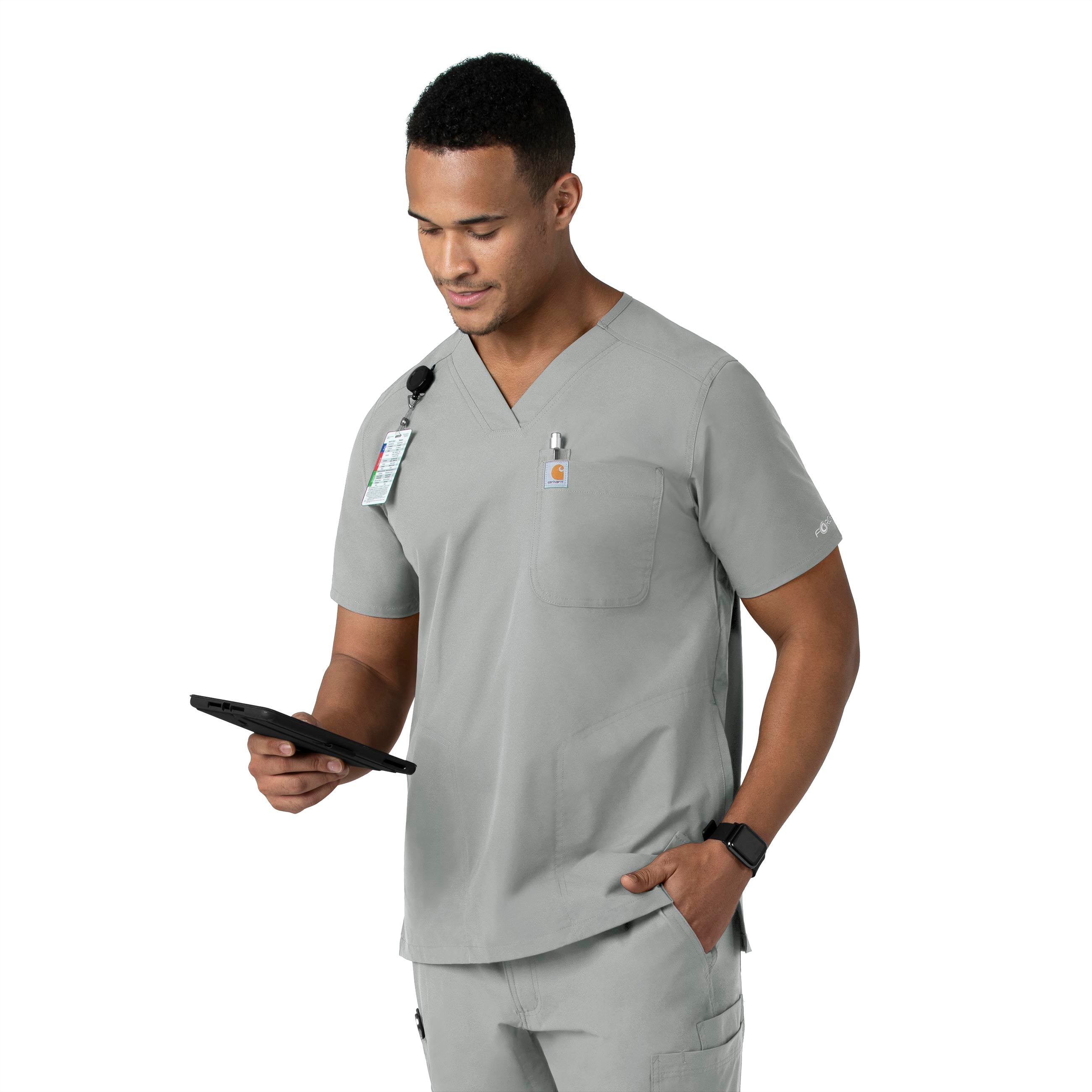 Force Essentials C16113 Men's V-Neck Shirttail Scrub Top Grey