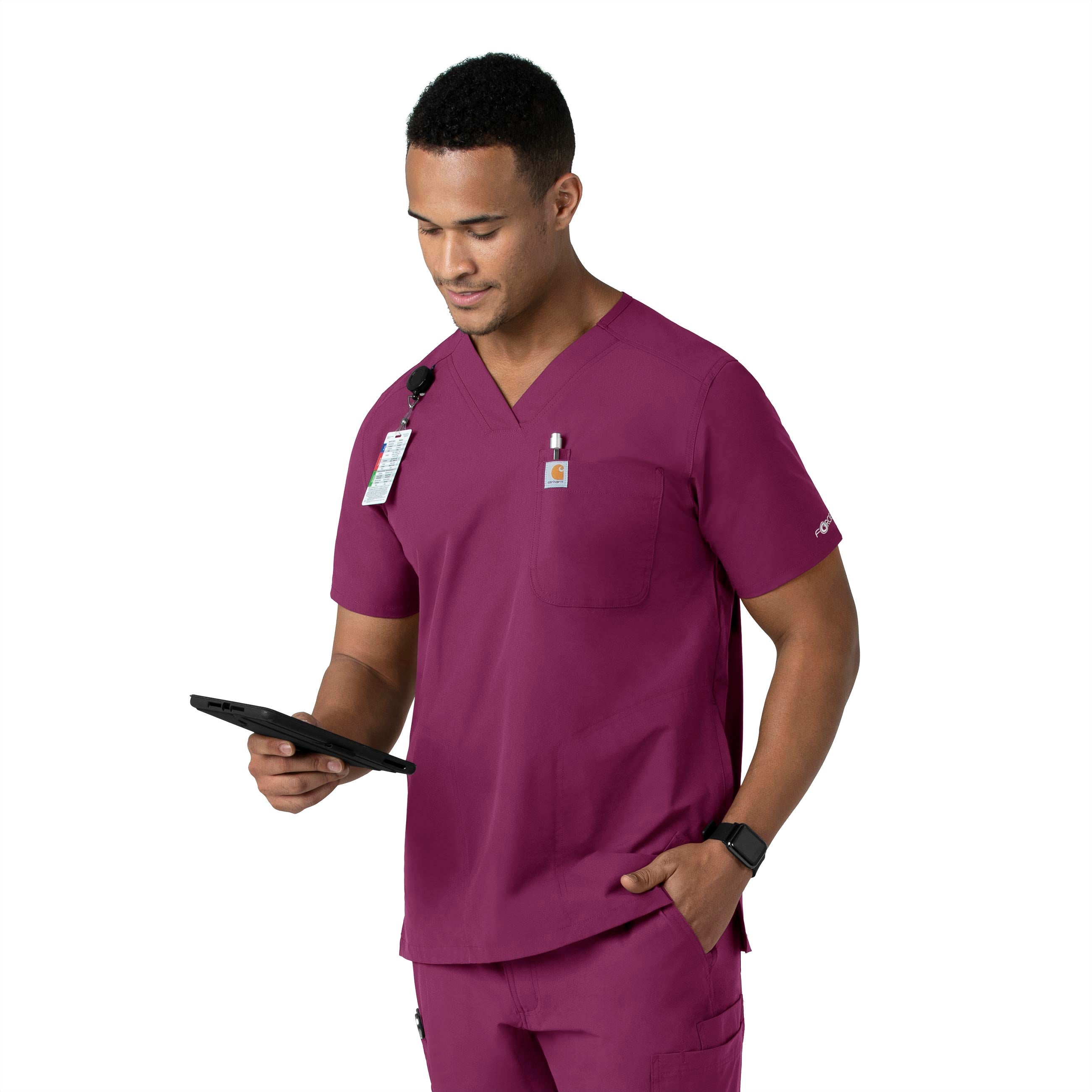 Force Essentials C16113 Men's V-Neck Shirttail Scrub Top Wine