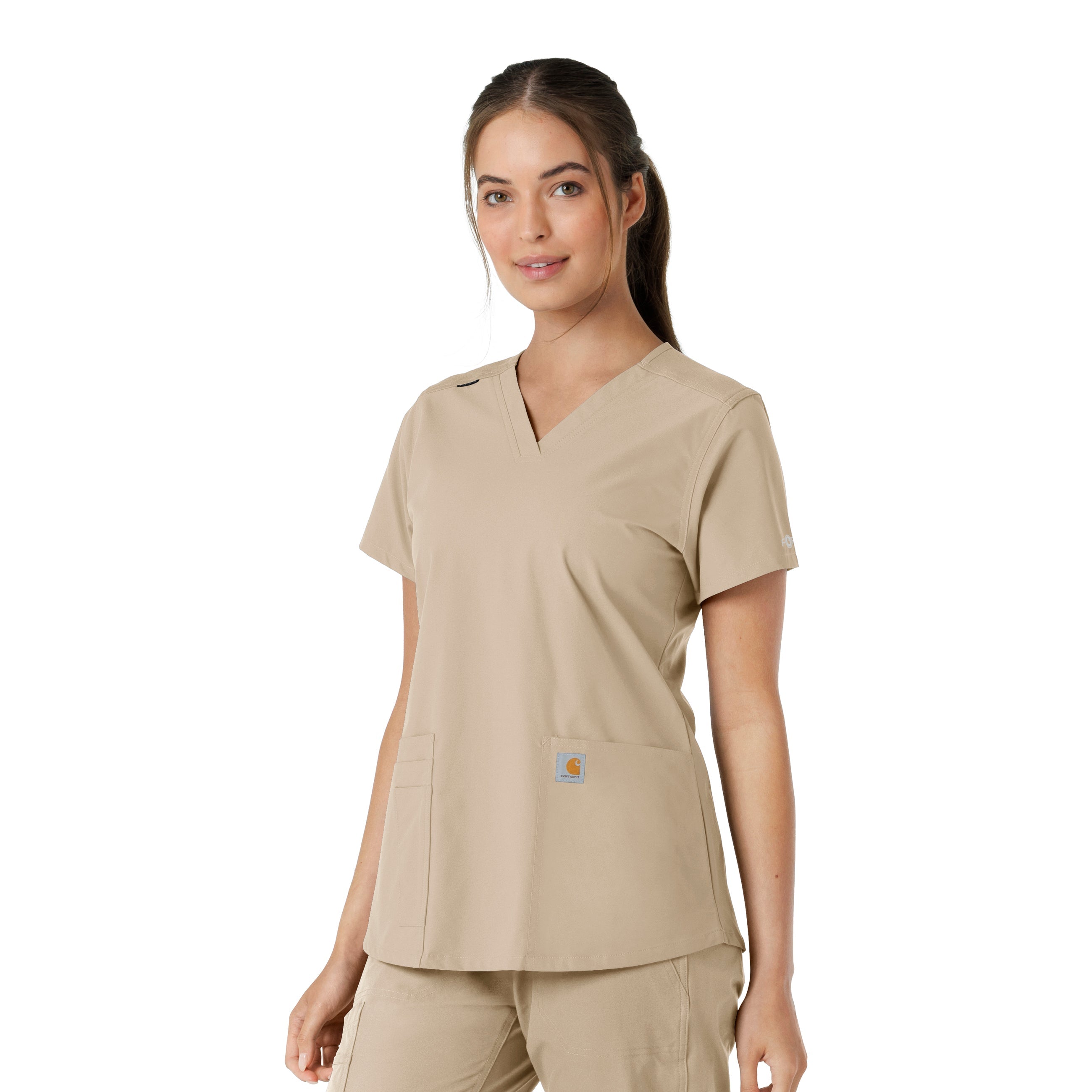 Force Essentials C12313 V-Neck Knit Panel Scrub Top Khaki