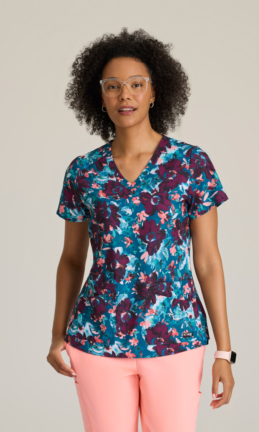 Grey's Anatomy Stretch GRST154 Ella Print Scrub Top Spring Meadow