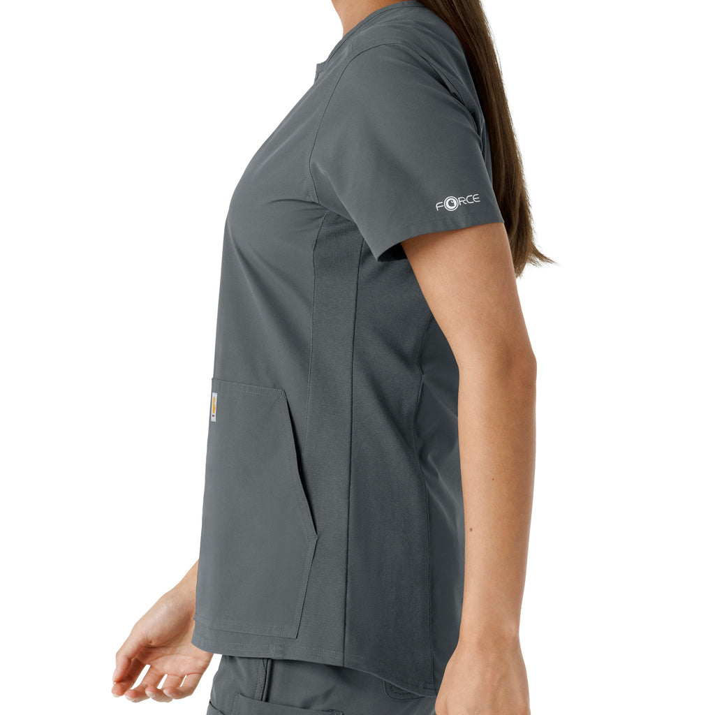 Force Essentials C12413 Notch Neck Tunic Knit Panel Scrub Top Pewter
