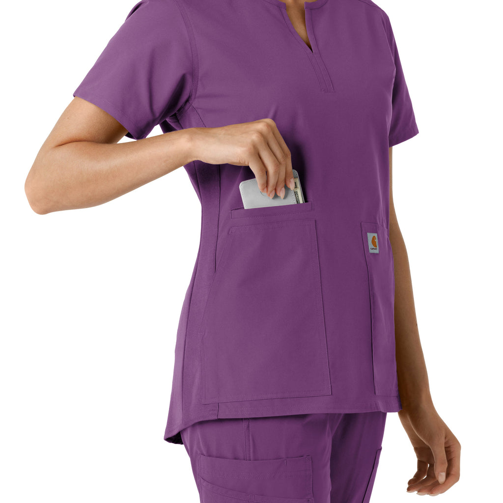 Force Essentials C12413 Notch Neck Tunic Knit Panel Scrub Top Eggplant