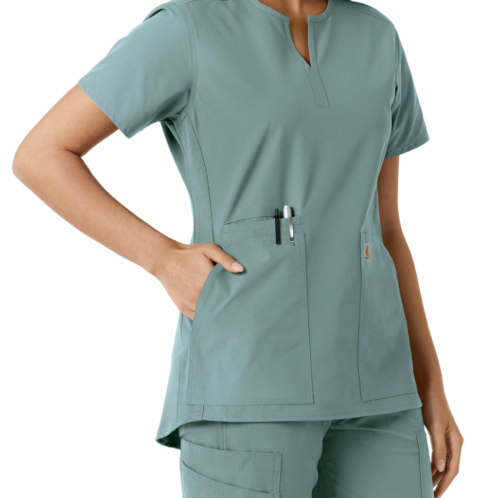 Force Essentials C12413 Notch Neck Tunic Knit Panel Scrub Top Summer Blue