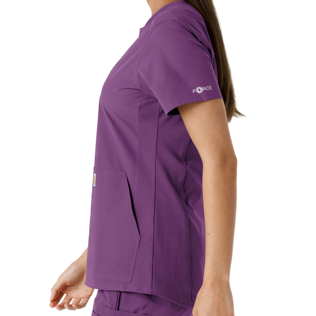Force Essentials C12413 Notch Neck Tunic Knit Panel Scrub Top Eggplant