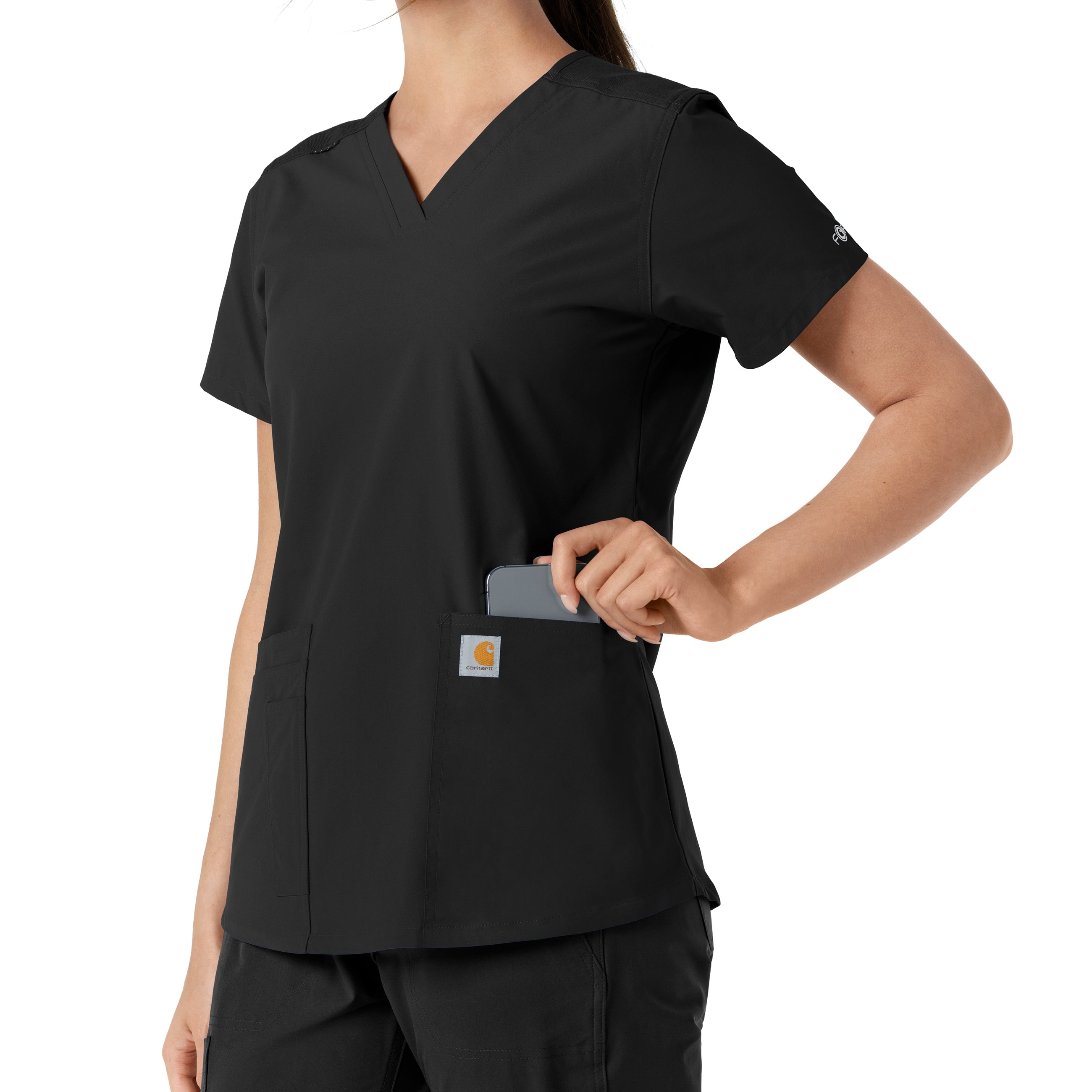 Force Essentials C12313 V-Neck Knit Panel Scrub Top Black