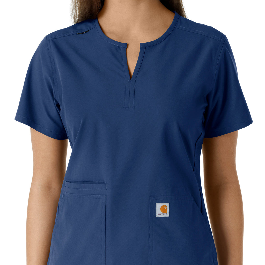 Force Essentials C12413 Notch Neck Tunic Knit Panel Scrub Top Navy