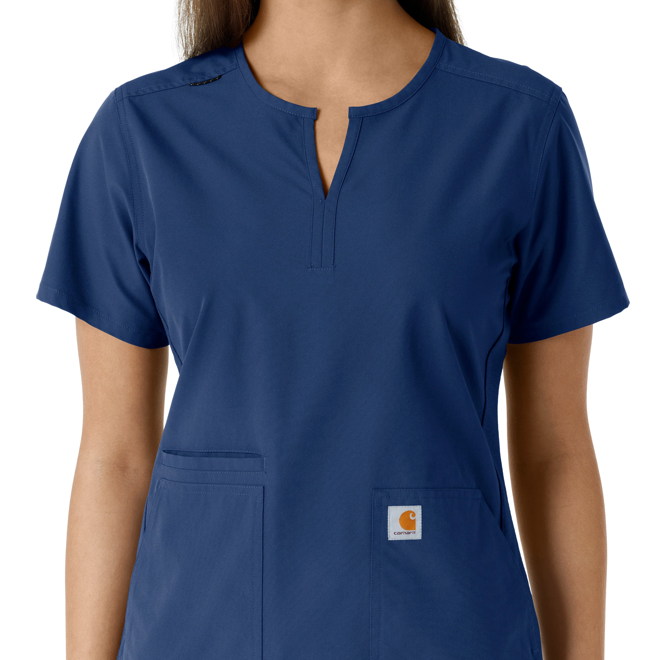 Force Essentials C12413 Notch Neck Tunic Knit Panel Scrub Top Navy