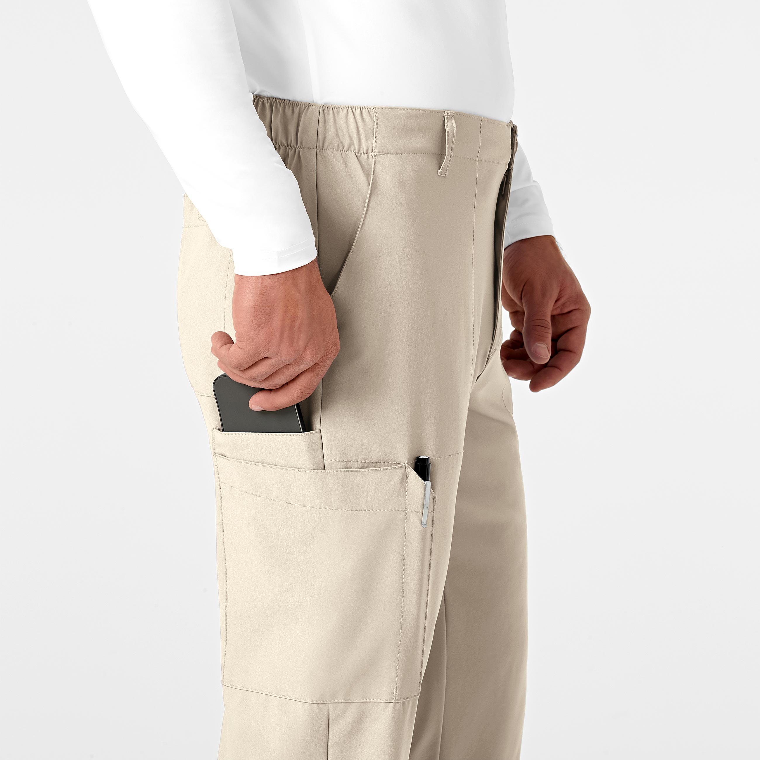 W123 5355 Men's Flat Front Cargo Scrub Pants Khaki