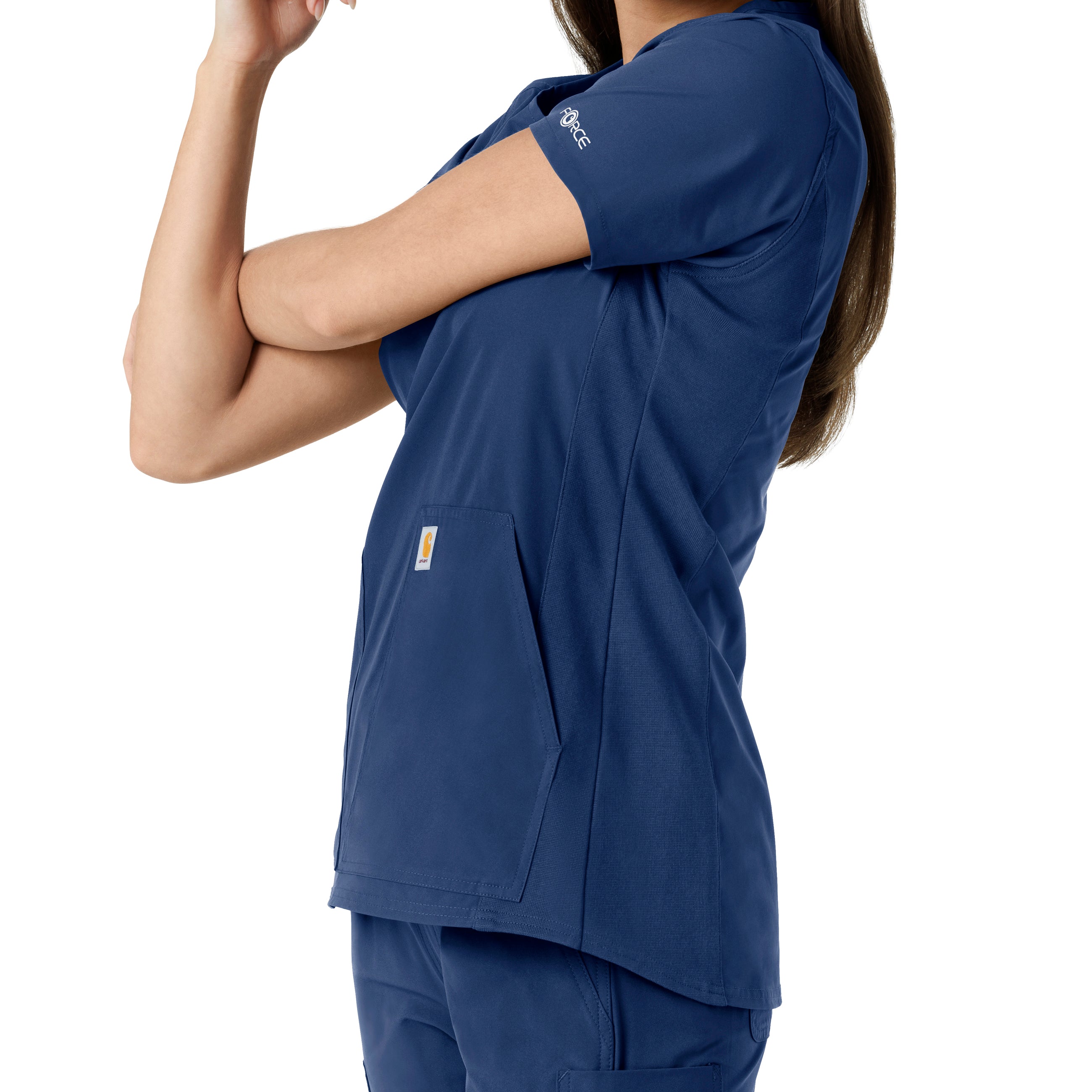 Force Essentials C12413 Notch Neck Tunic Knit Panel Scrub Top Navy