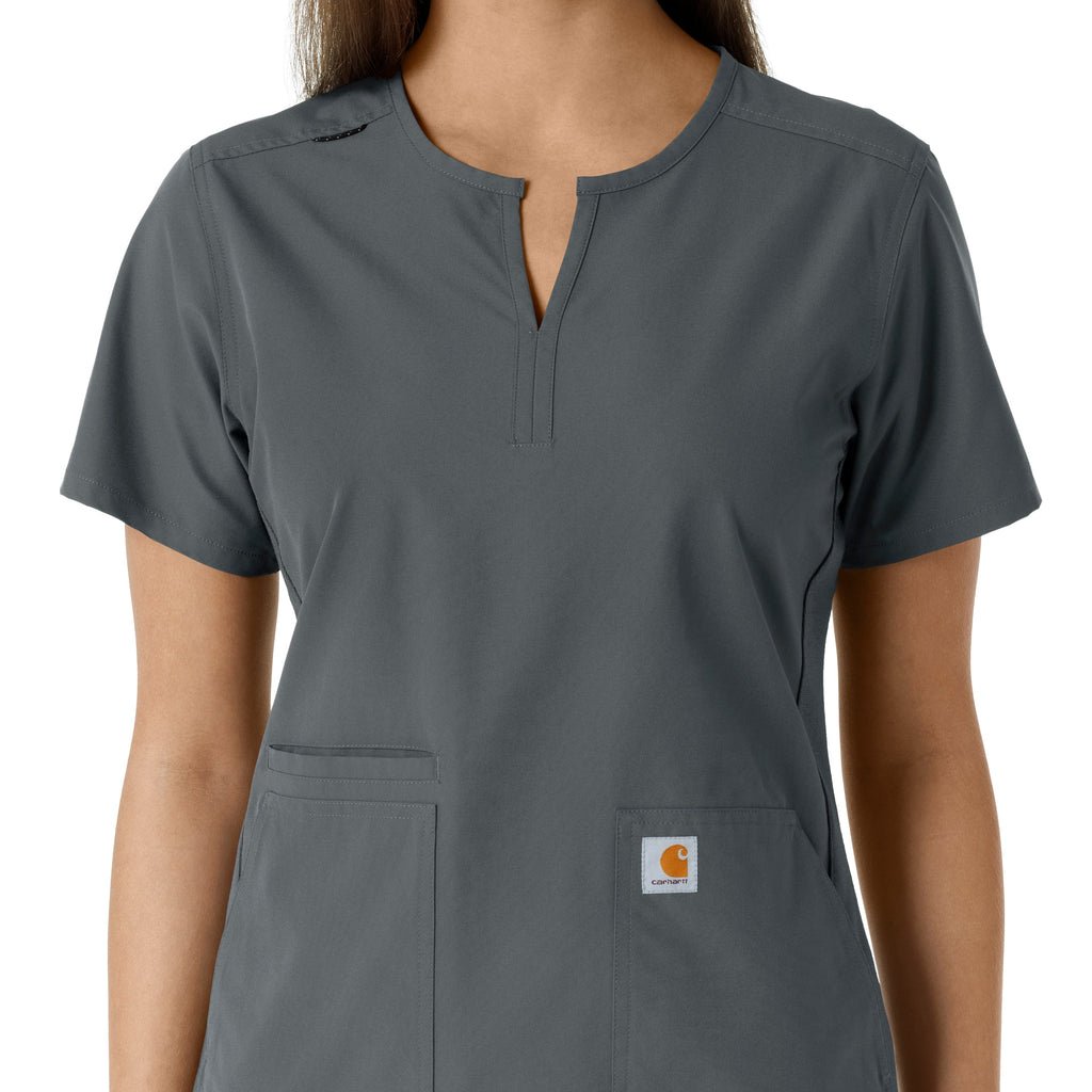 Force Essentials C12413 Notch Neck Tunic Knit Panel Scrub Top Pewter