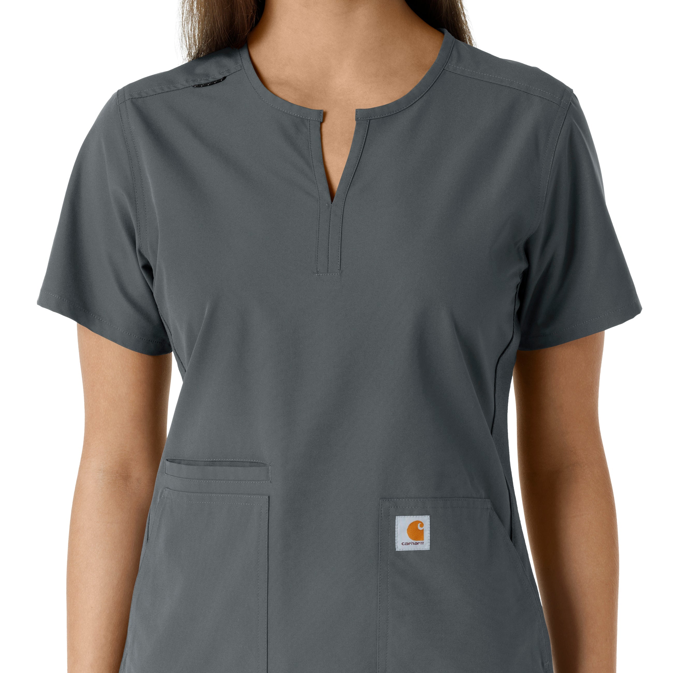 Force Essentials C12413 Notch Neck Tunic Knit Panel Scrub Top Pewter