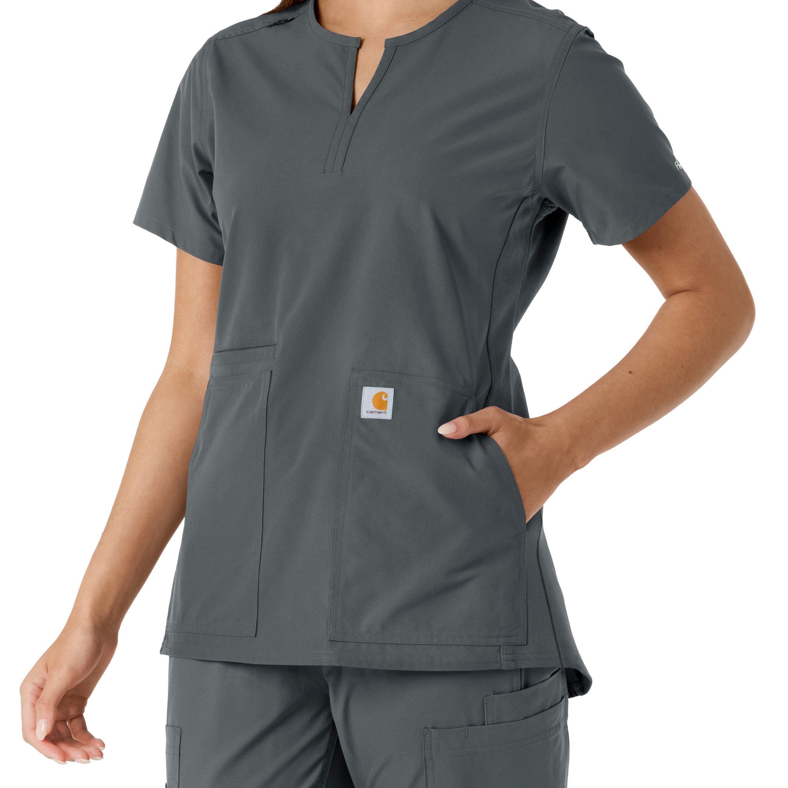 Force Essentials C12413 Notch Neck Tunic Knit Panel Scrub Top Pewter