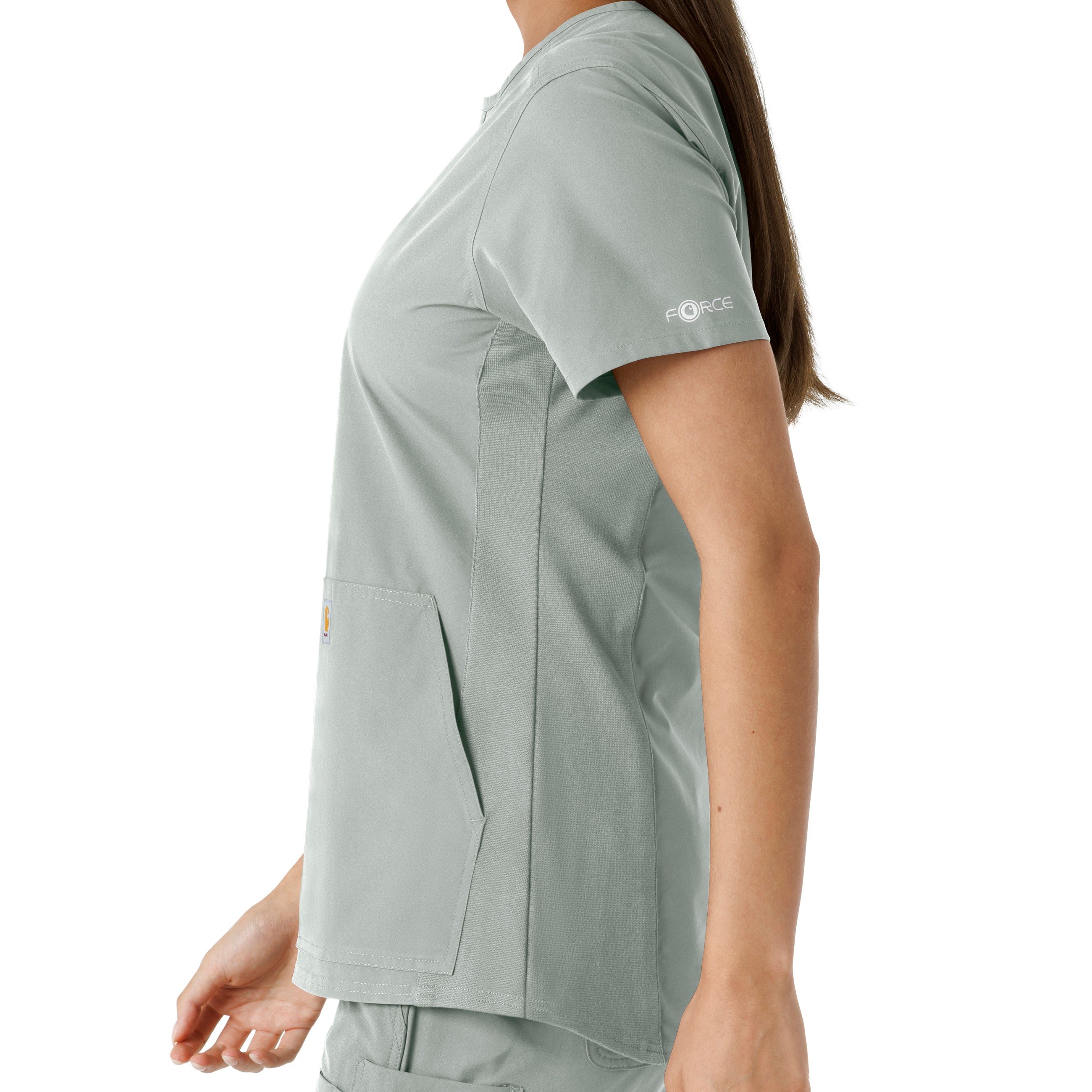Force Essentials C12413 Notch Neck Tunic Knit Panel Scrub Top Grey