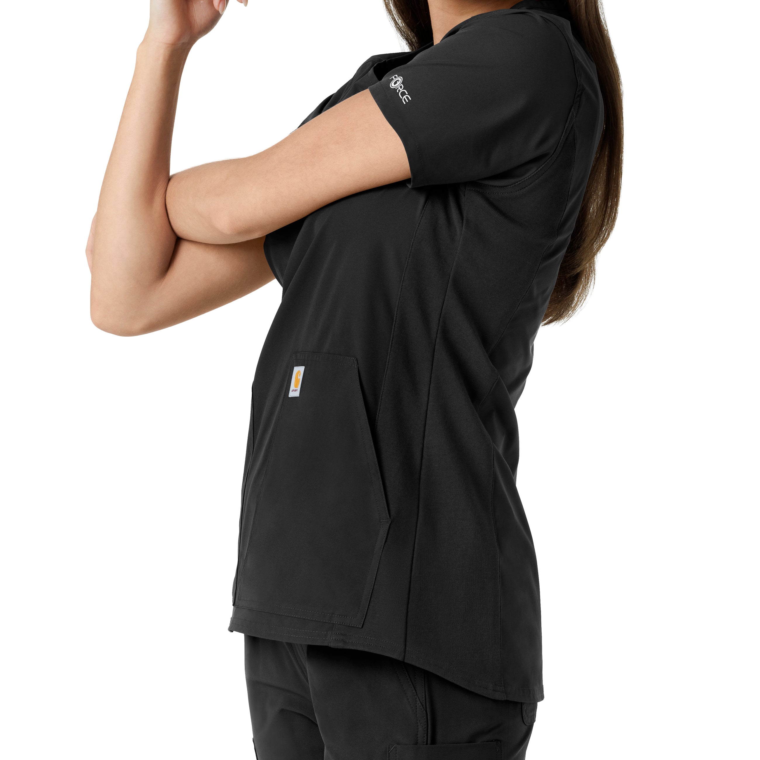 Force Essentials C12413 Notch Neck Tunic Knit Panel Scrub Top Black