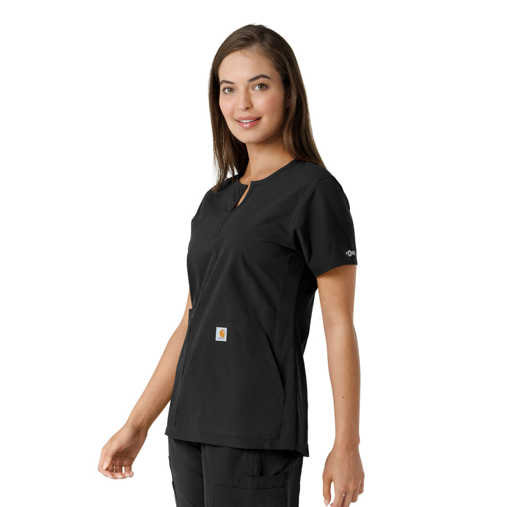 Force Essentials C12413 Notch Neck Tunic Knit Panel Scrub Top Black
