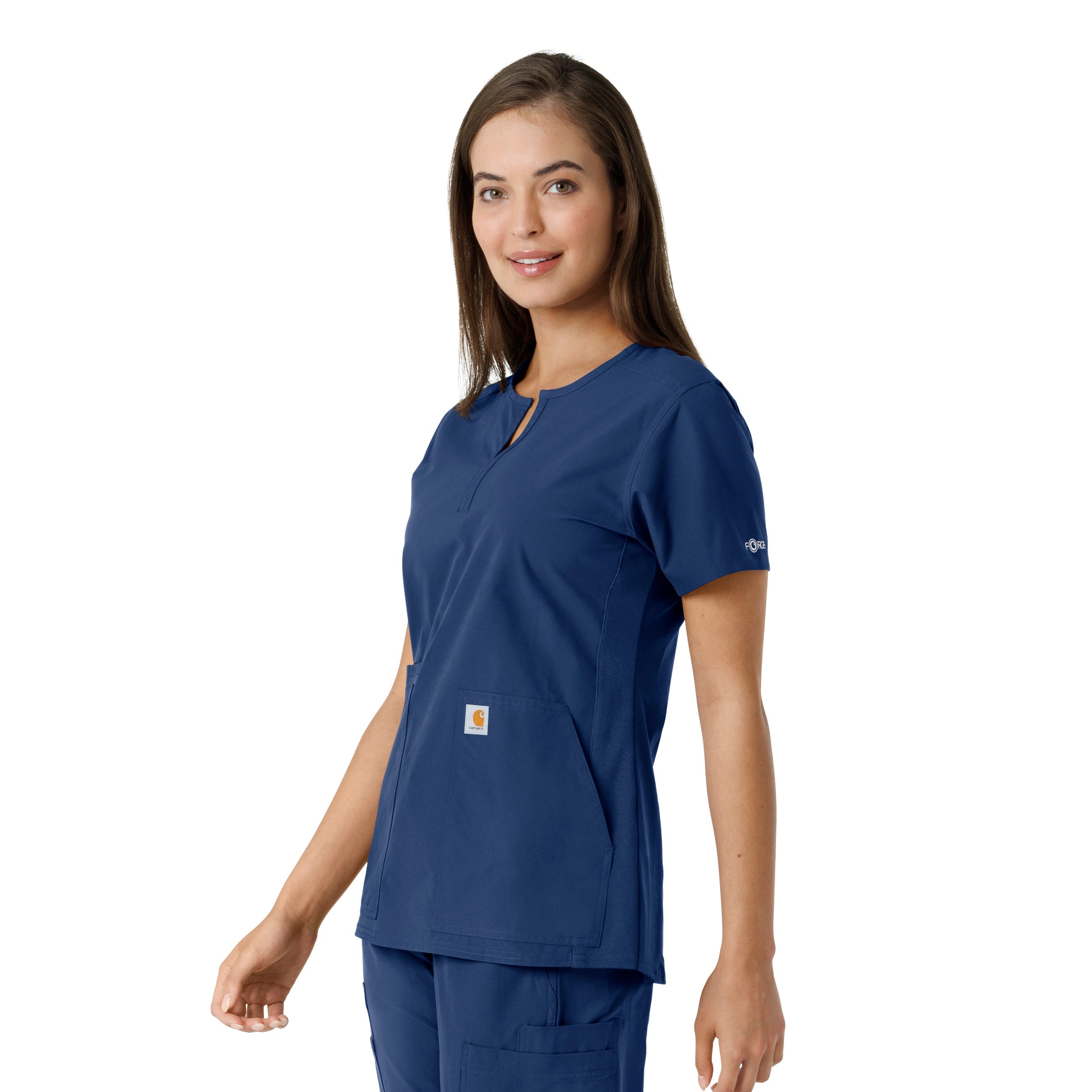 Force Essentials C12413 Notch Neck Tunic Knit Panel Scrub Top Navy