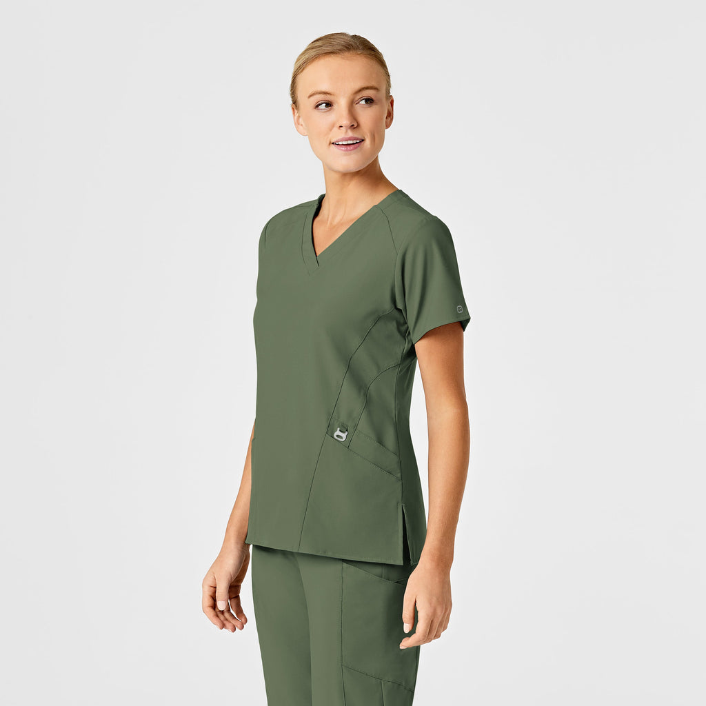 W123 6155 Stylized V-Neck Scrub Top Olive