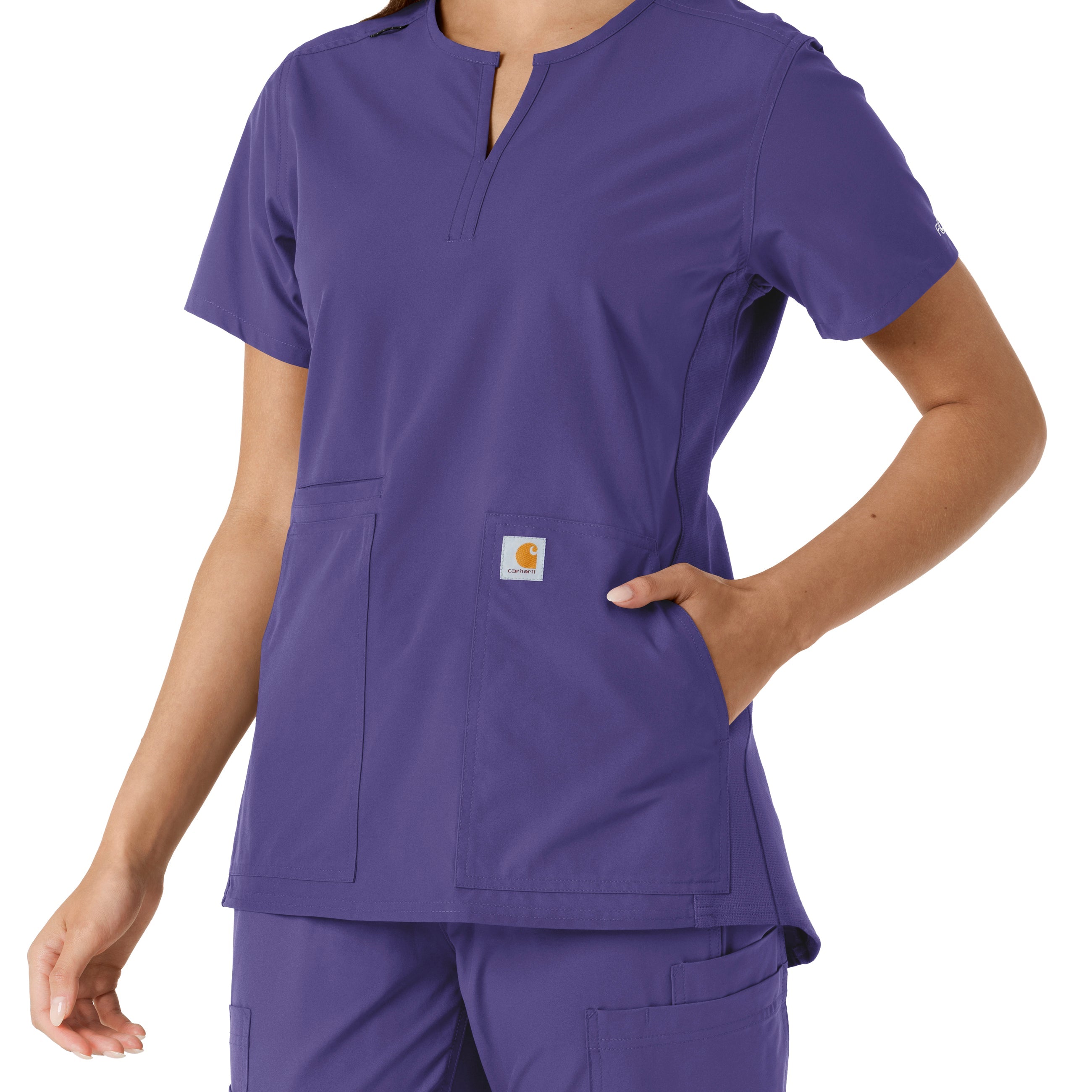 Force Essentials C12413 Notch Neck Tunic Knit Panel Scrub Top Grape