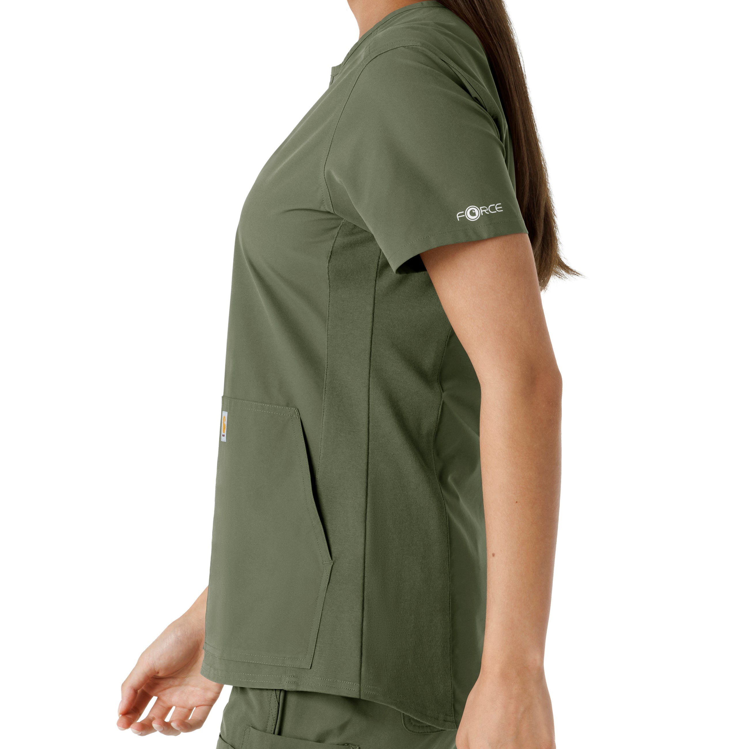 Force Essentials C12413 Notch Neck Tunic Knit Panel Scrub Top Olive