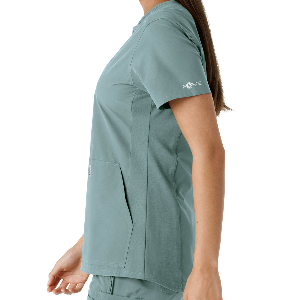 Force Essentials C12413 Notch Neck Tunic Knit Panel Scrub Top Summer Blue