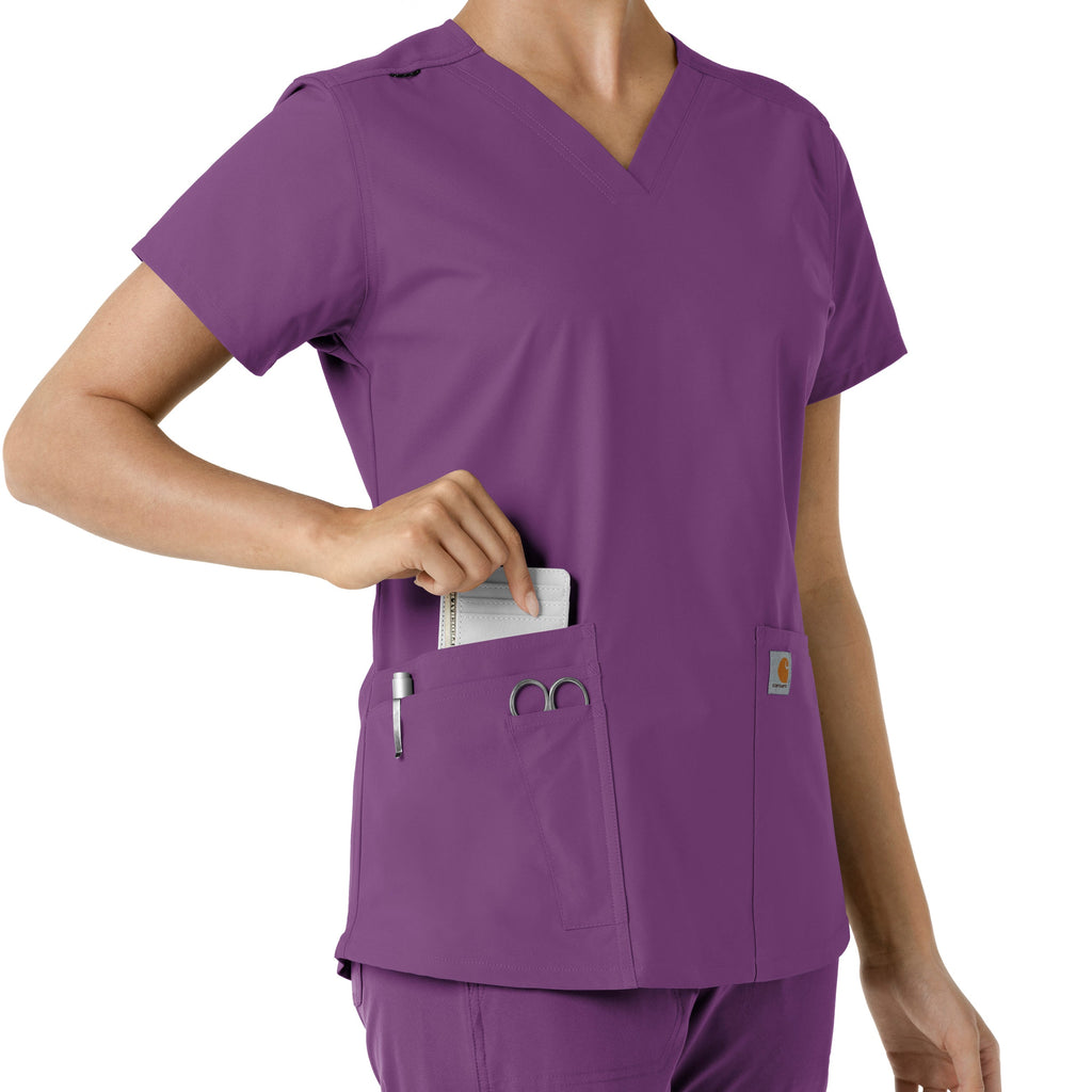 Force Essentials C12313 V-Neck Knit Panel Scrub Top Eggplant