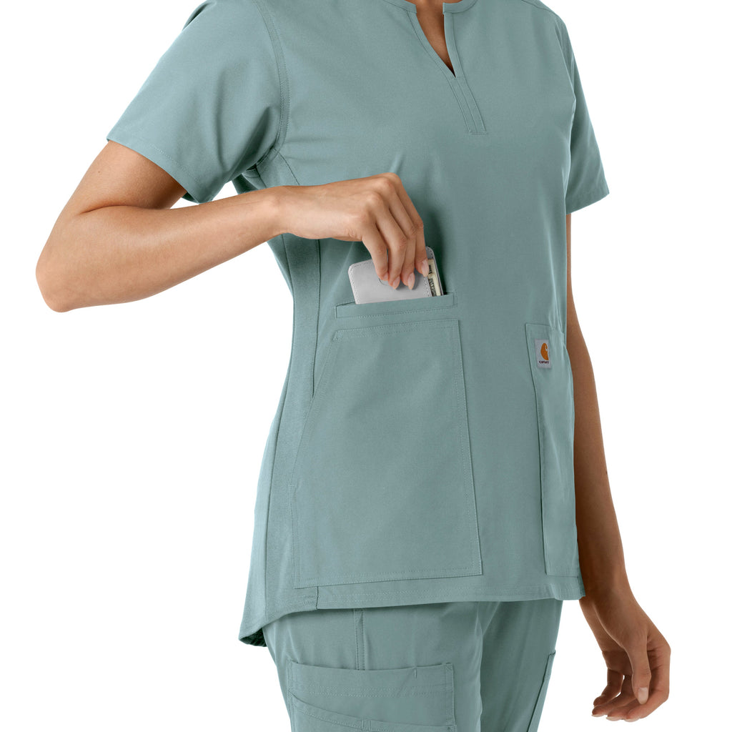 Force Essentials C12413 Notch Neck Tunic Knit Panel Scrub Top Summer Blue