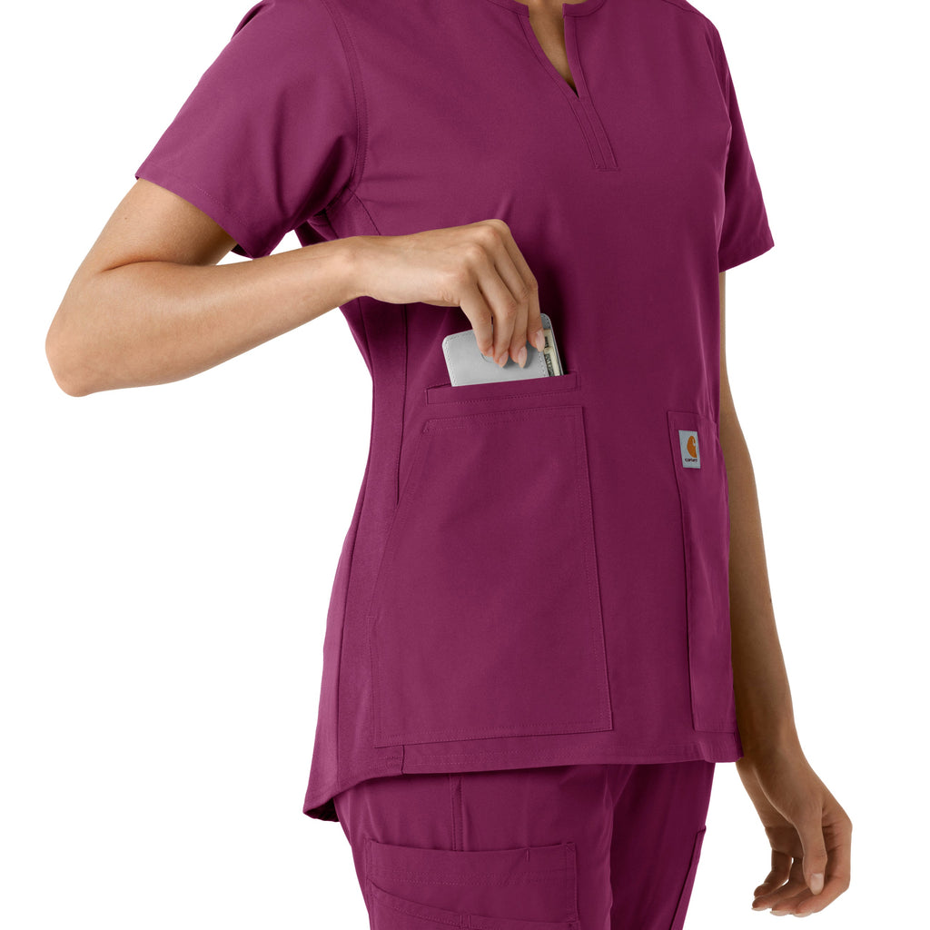 Force Essentials C12413 Notch Neck Tunic Knit Panel Scrub Top Wine