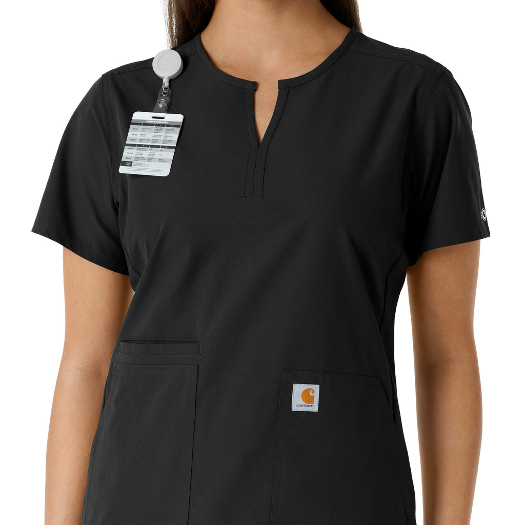 Force Essentials C12413 Notch Neck Tunic Knit Panel Scrub Top Black