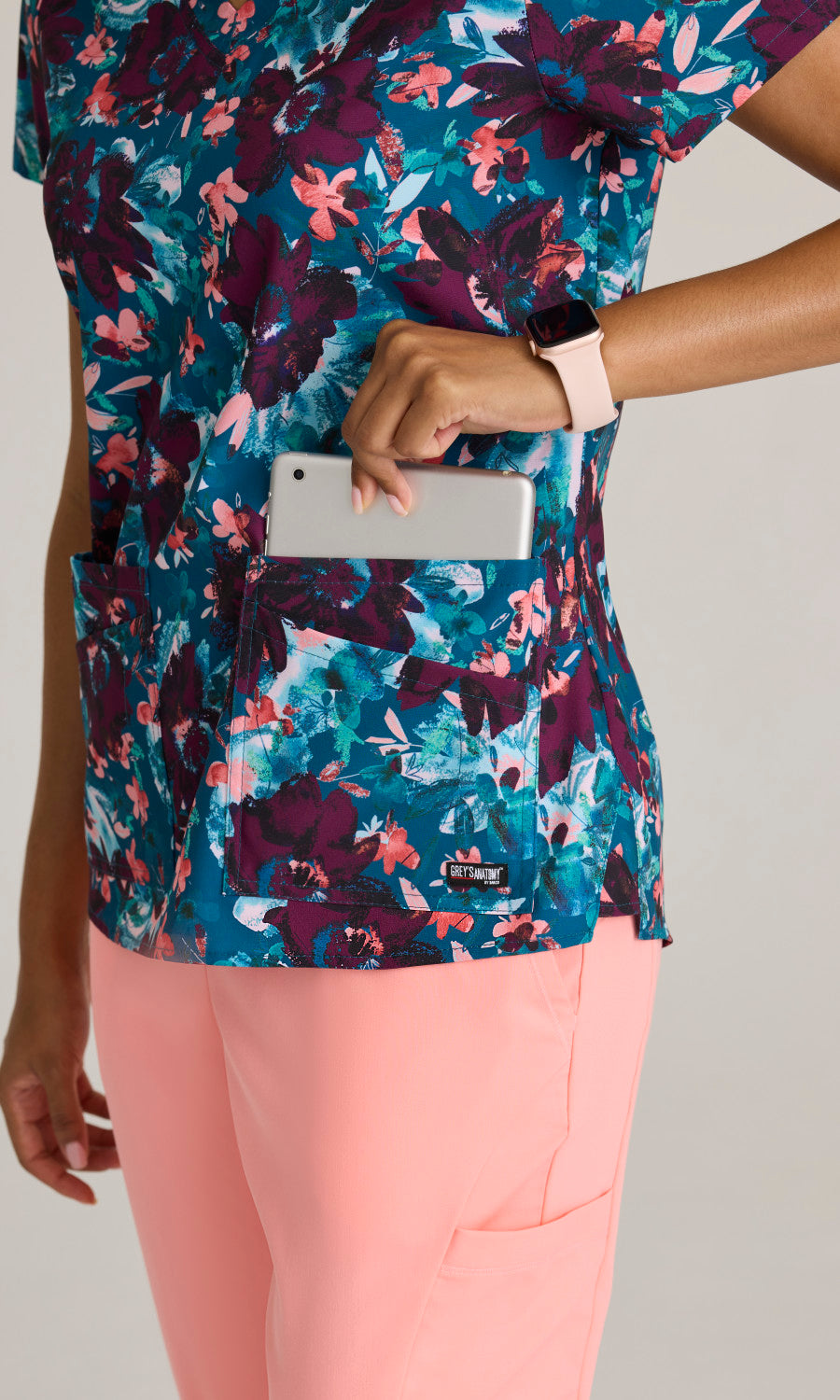 Grey's Anatomy Stretch GRST154 Ella Print Scrub Top Spring Meadow