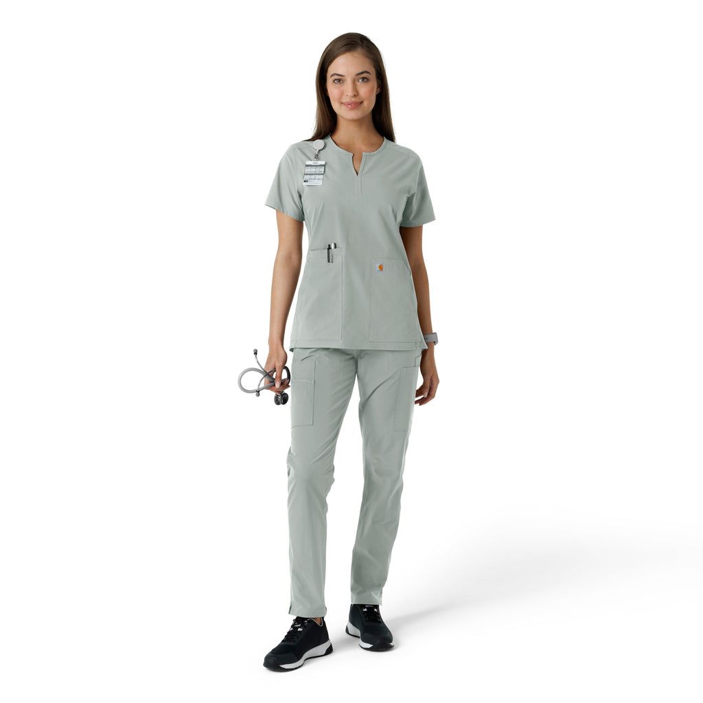 Force Essentials C12413 Notch Neck Tunic Knit Panel Scrub Top Grey