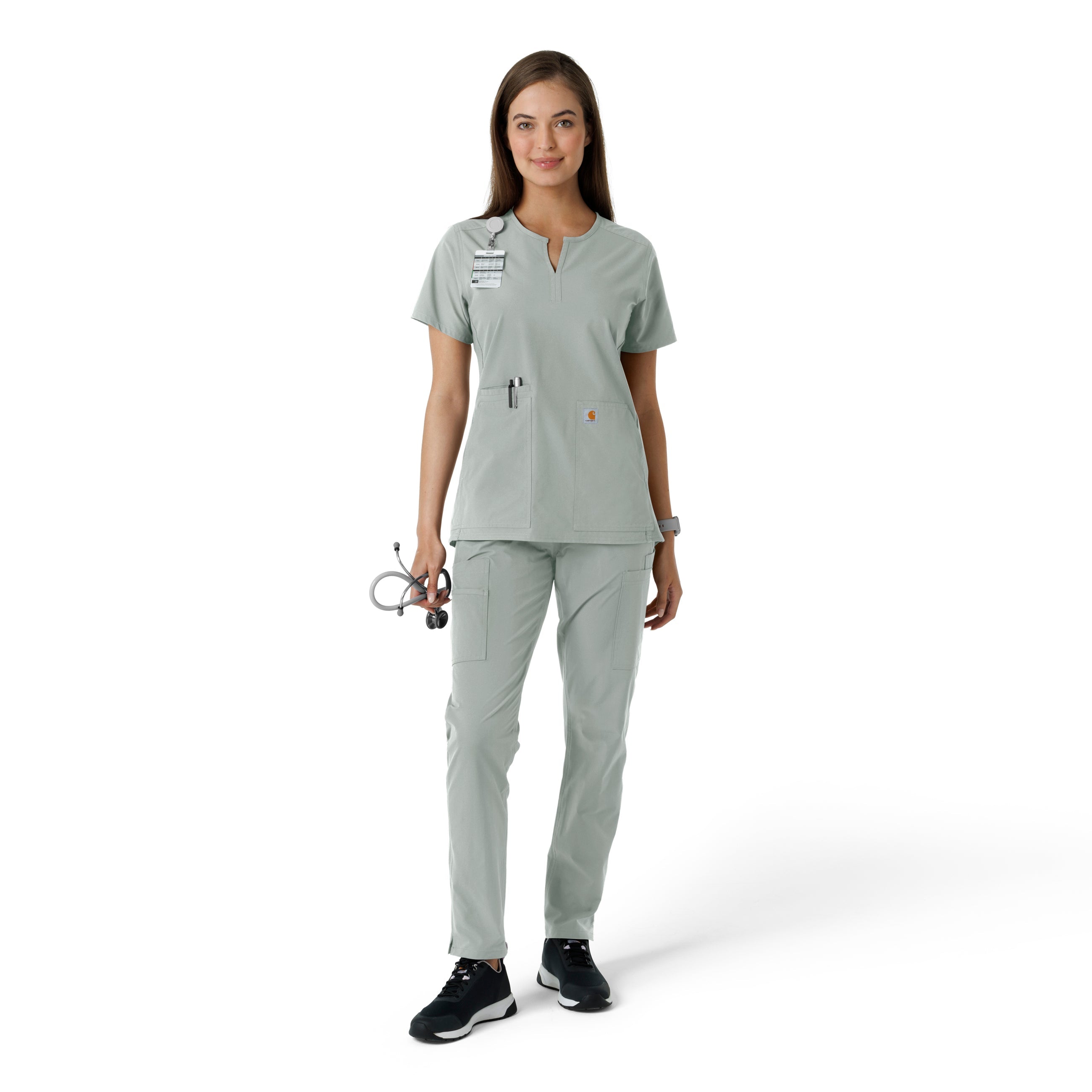 Force Essentials C12413 Notch Neck Tunic Knit Panel Scrub Top Grey