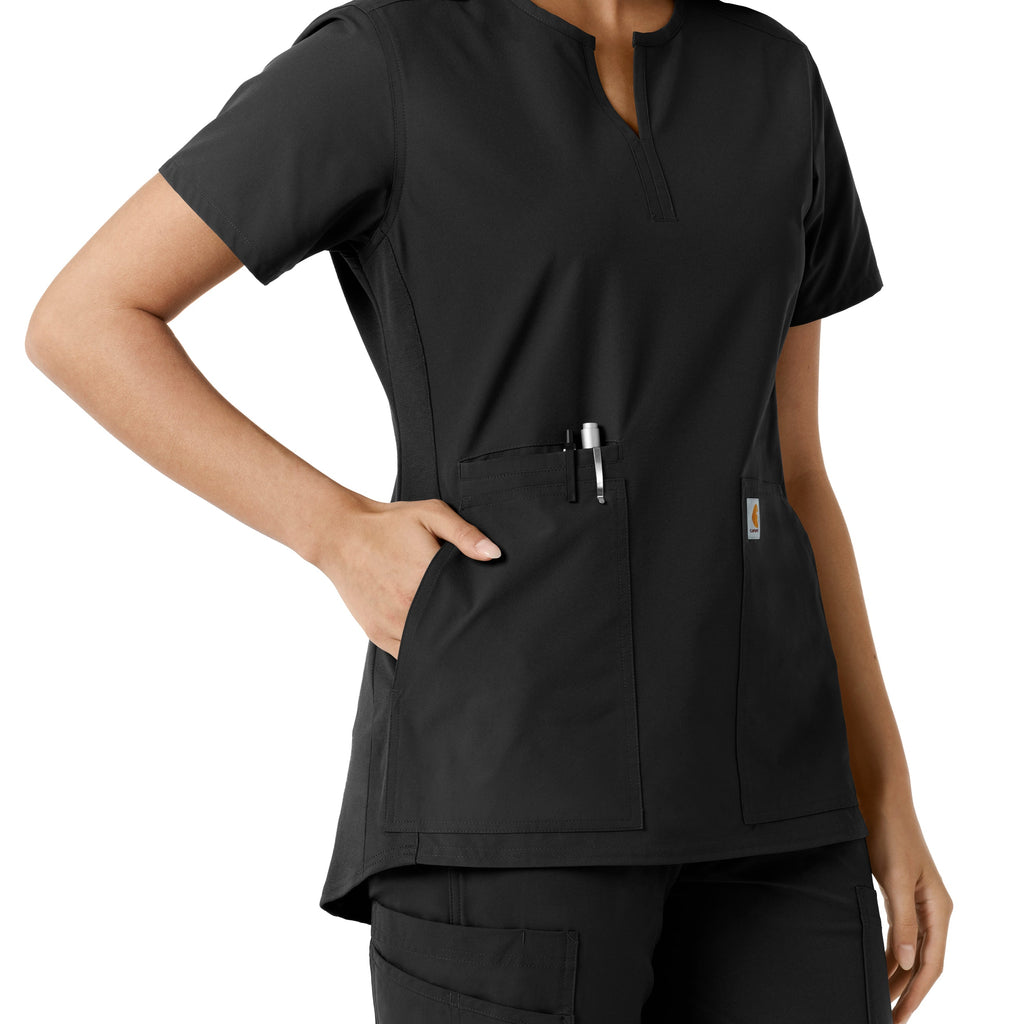 Force Essentials C12413 Notch Neck Tunic Knit Panel Scrub Top Black