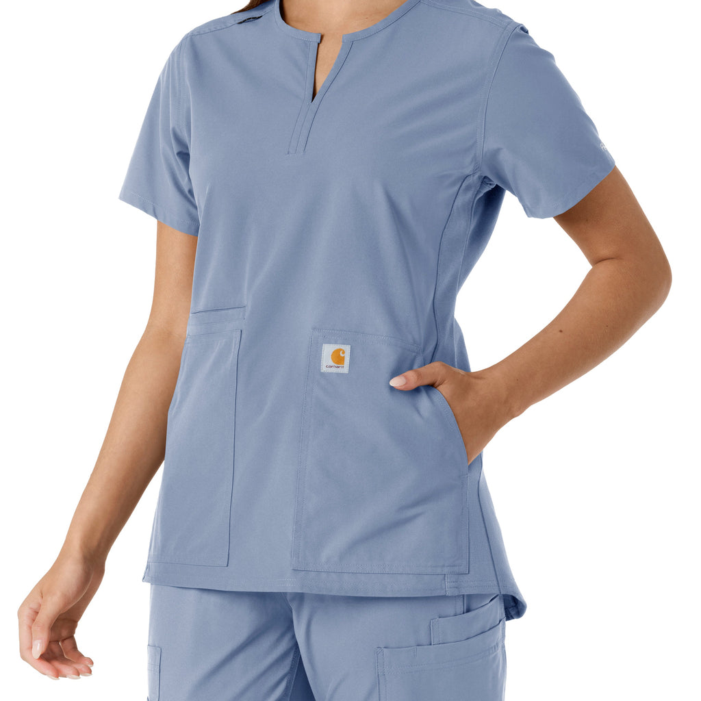 Force Essentials C12413 Notch Neck Tunic Knit Panel Scrub Top Ceil Blue