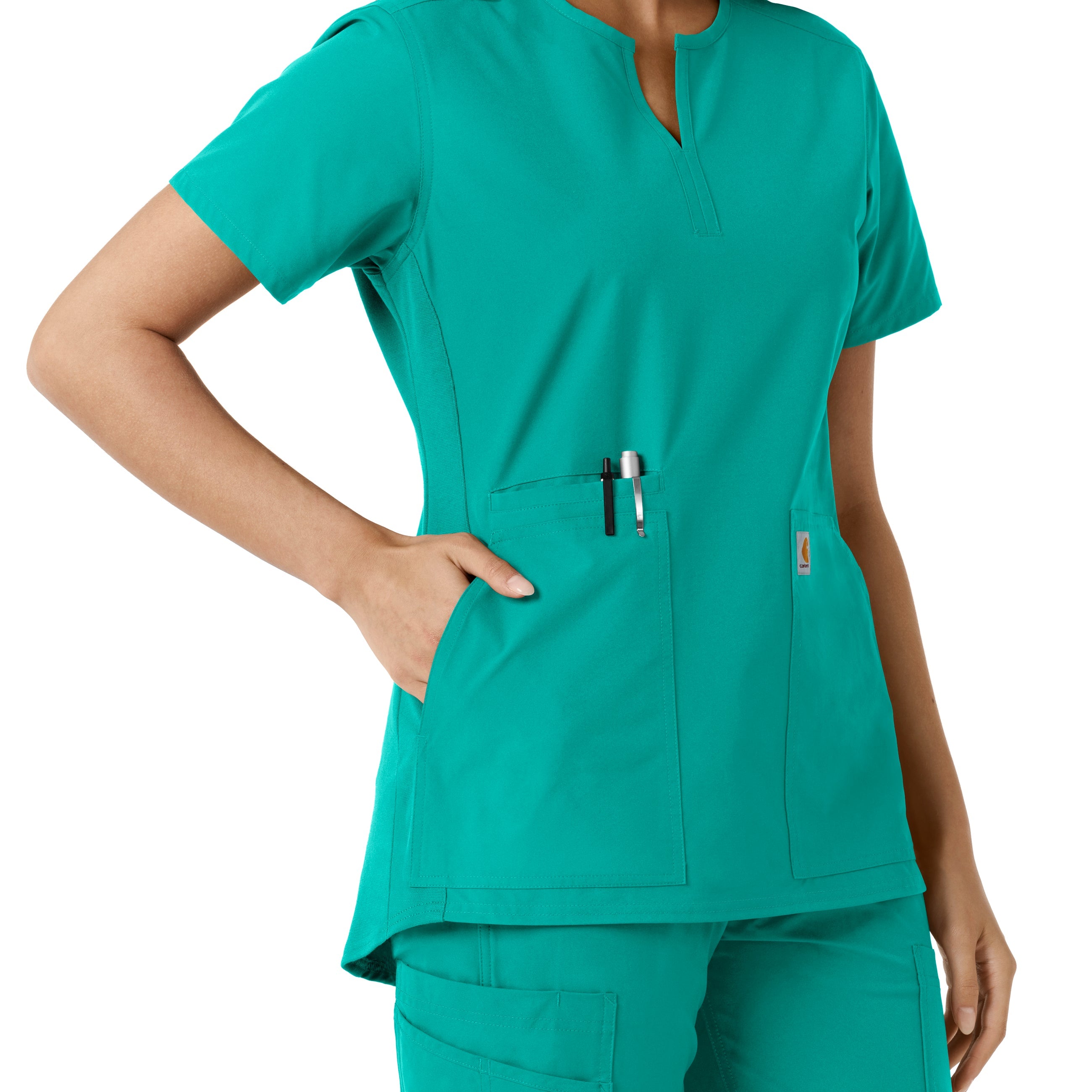 Force Essentials C12413 Notch Neck Tunic Knit Panel Scrub Top Teal
