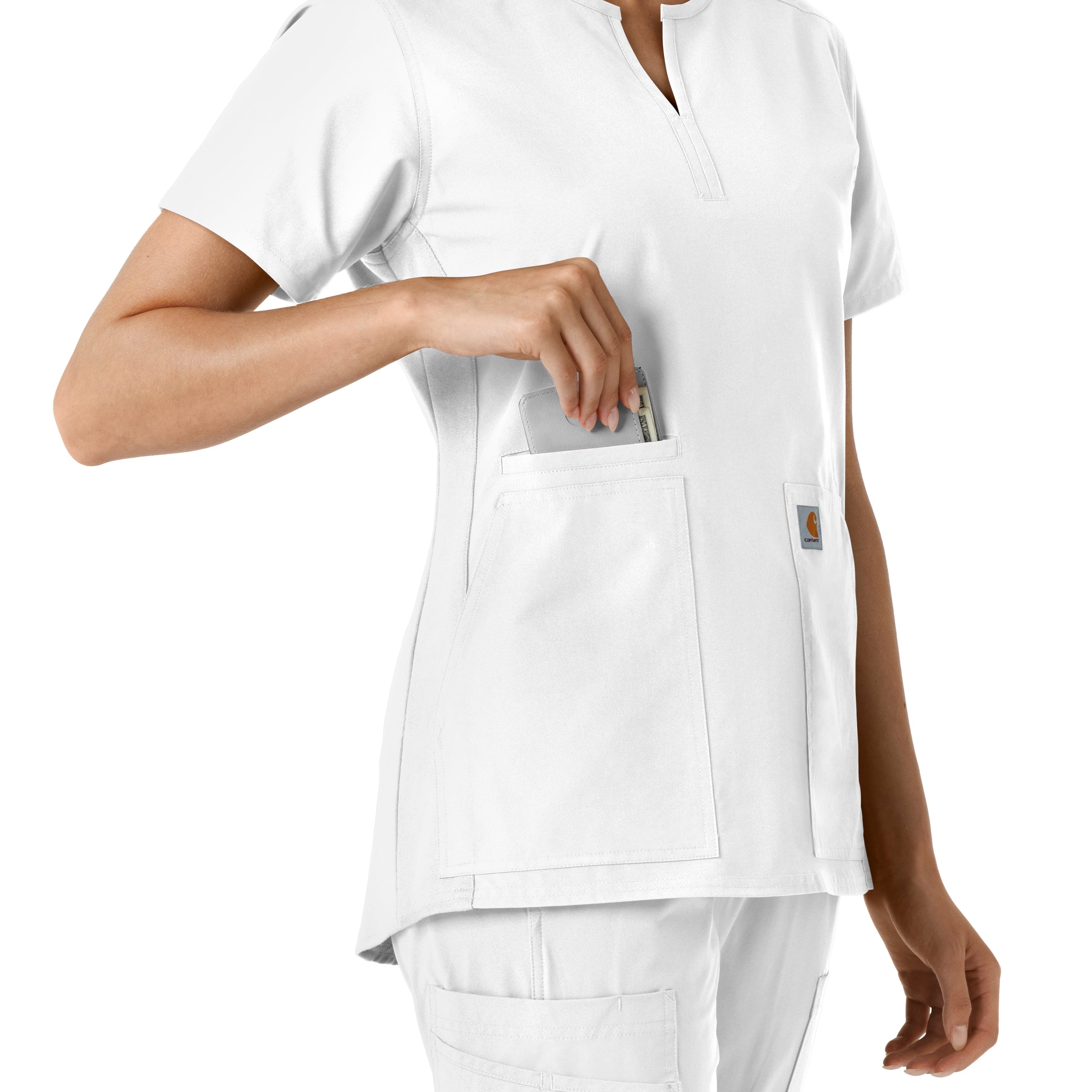 Force Essentials C12413 Notch Neck Tunic Knit Panel Scrub Top White