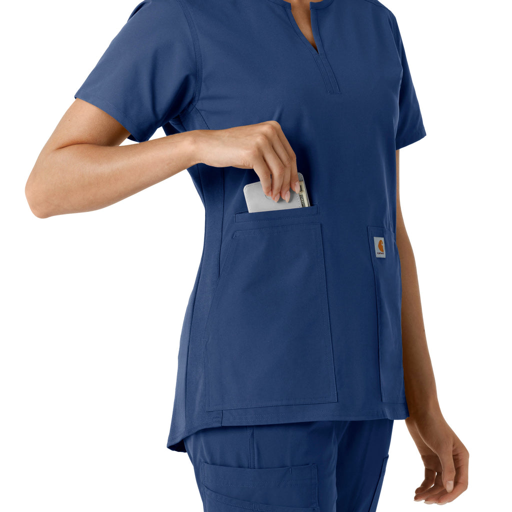 Force Essentials C12413 Notch Neck Tunic Knit Panel Scrub Top Navy