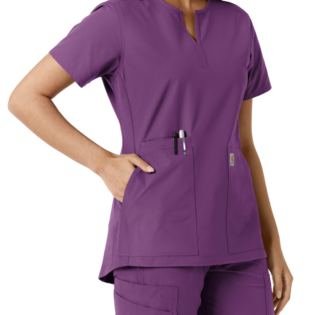 Force Essentials C12413 Notch Neck Tunic Knit Panel Scrub Top Eggplant