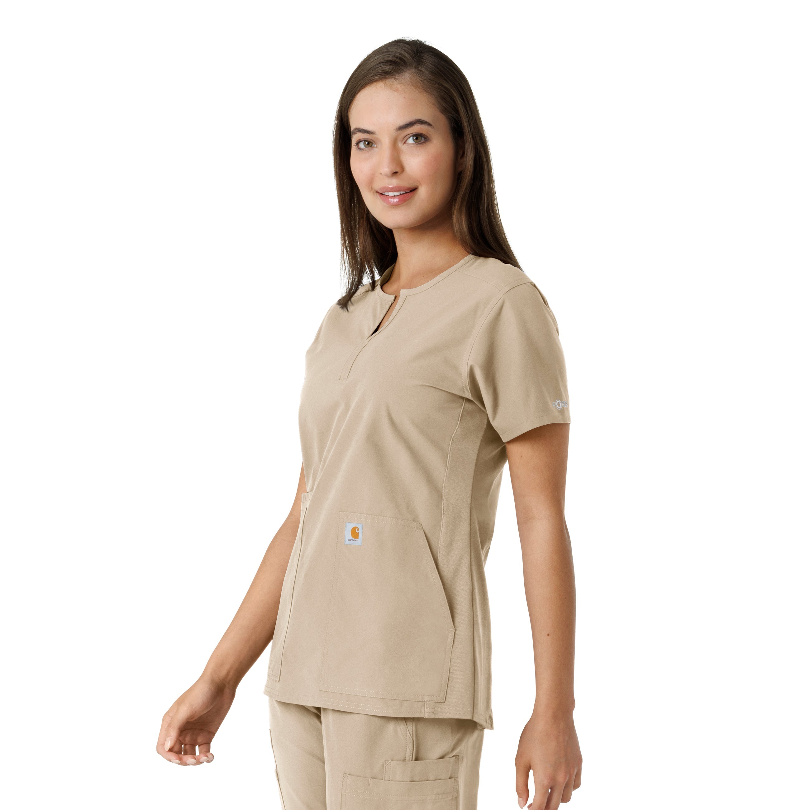 Force Essentials C12413 Notch Neck Tunic Knit Panel Scrub Top Khaki