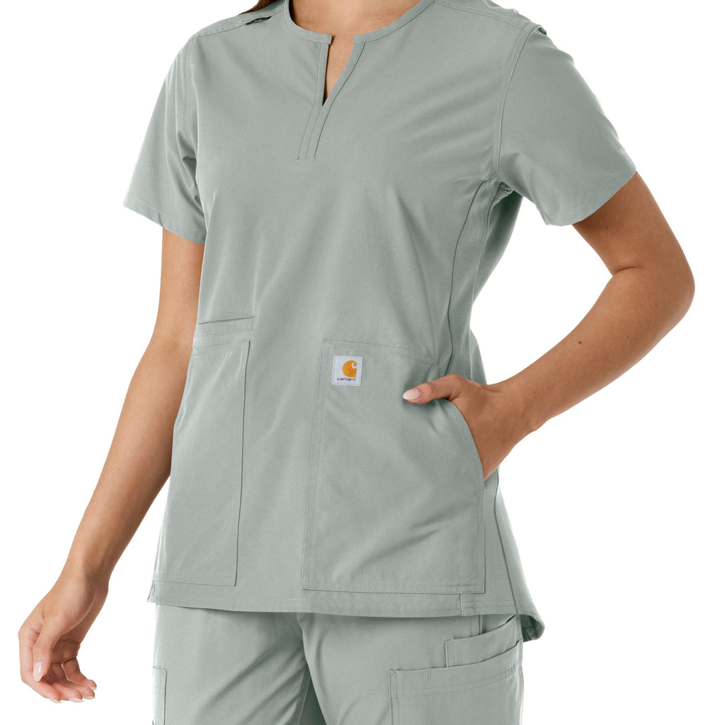 Force Essentials C12413 Notch Neck Tunic Knit Panel Scrub Top Grey
