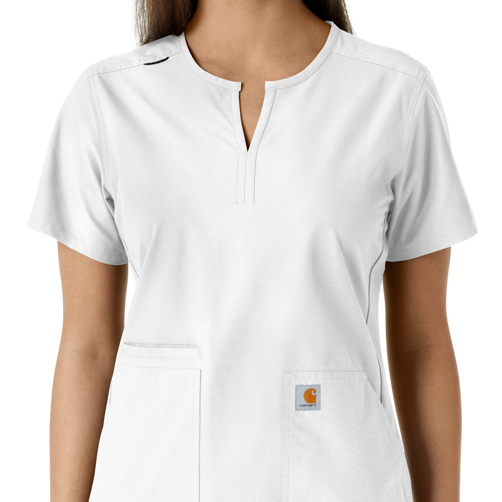 Force Essentials C12413 Notch Neck Tunic Knit Panel Scrub Top White