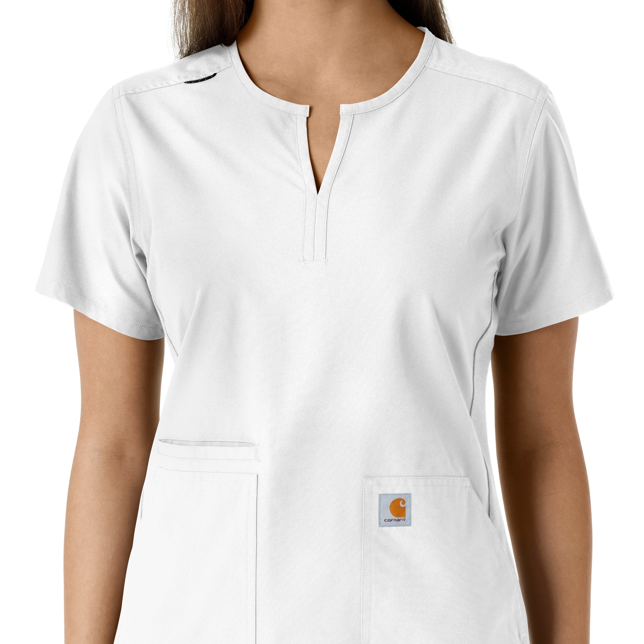 Force Essentials C12413 Notch Neck Tunic Knit Panel Scrub Top White