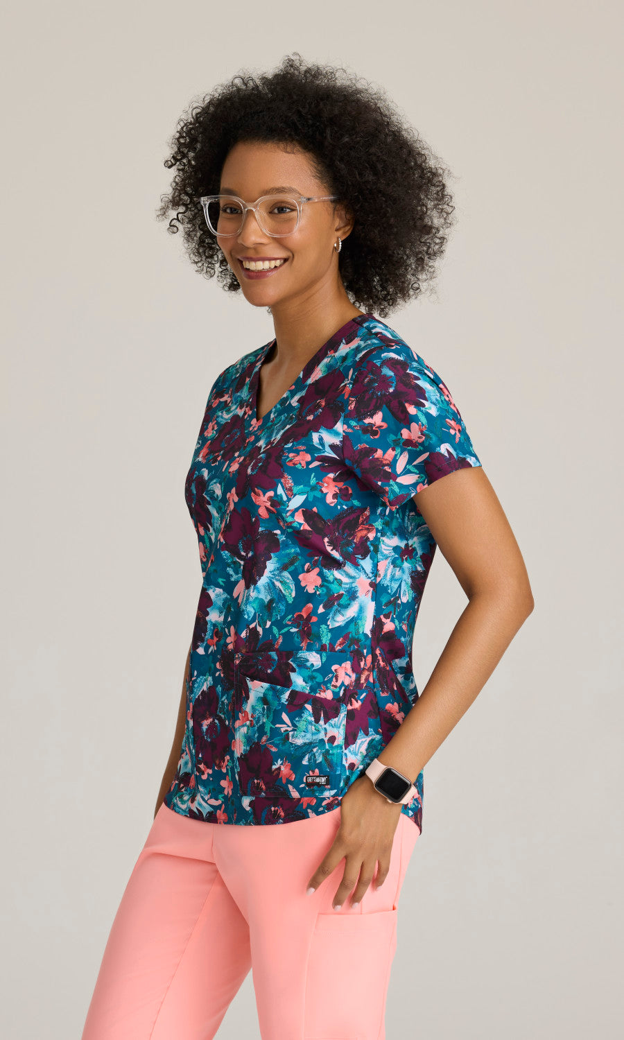 Grey's Anatomy Stretch GRST154 Ella Print Scrub Top Spring Meadow
